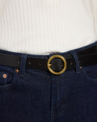 Black $|& Most Wanted USA Brass Toned Circle Buckle Leather Belt - SOF Full Front