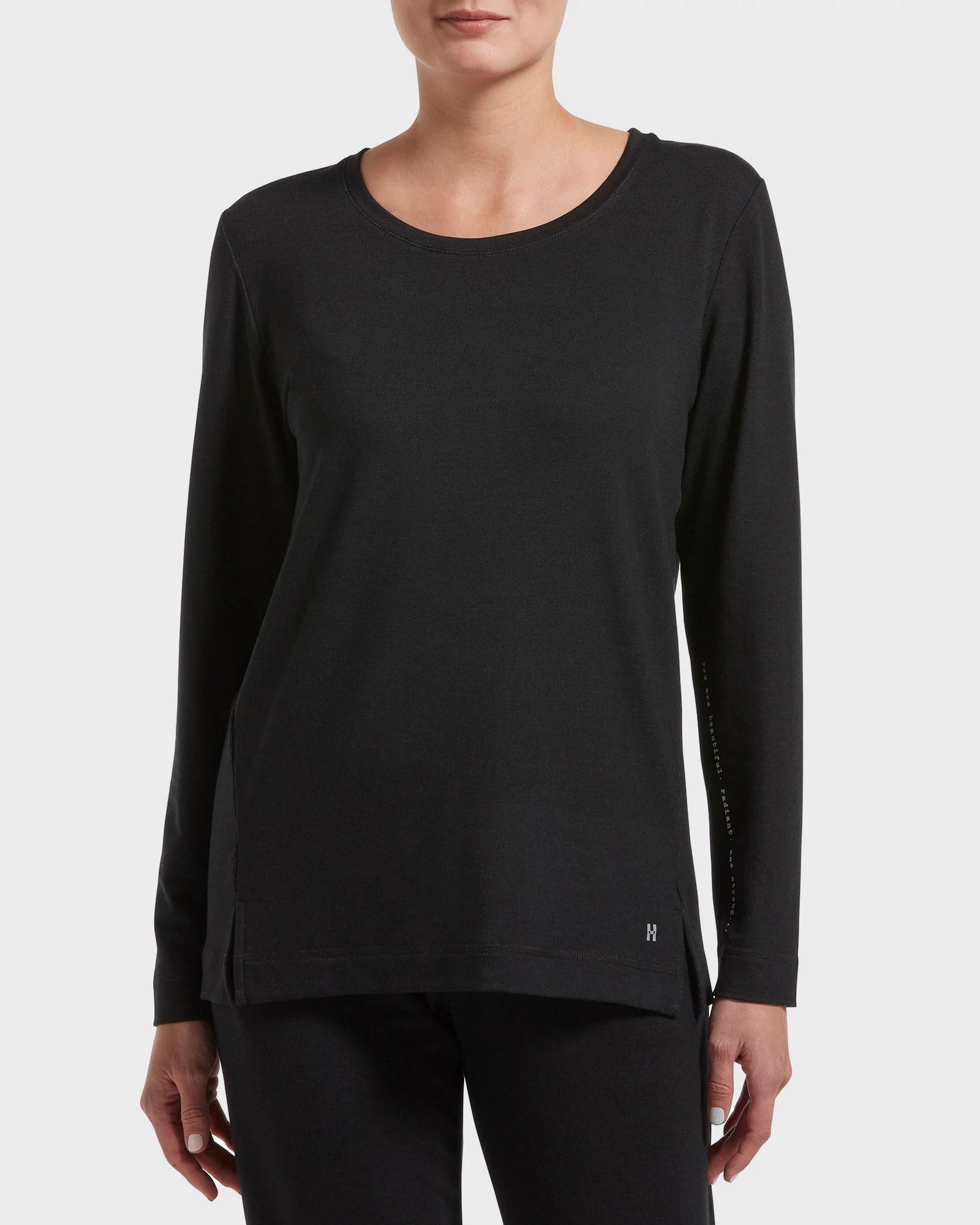 Black $|& HUE Solid Basics Long Sleeve Lounge Tee - VOF Detail