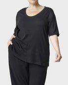 Black $|& HUE Elbow Sleeve U-Neck Lounge Tee - VOF Detail