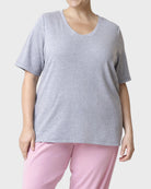 Medium Heather Grey $|& HUE Elbow Sleeve U-Neck Lounge Tee - VOF Detail
