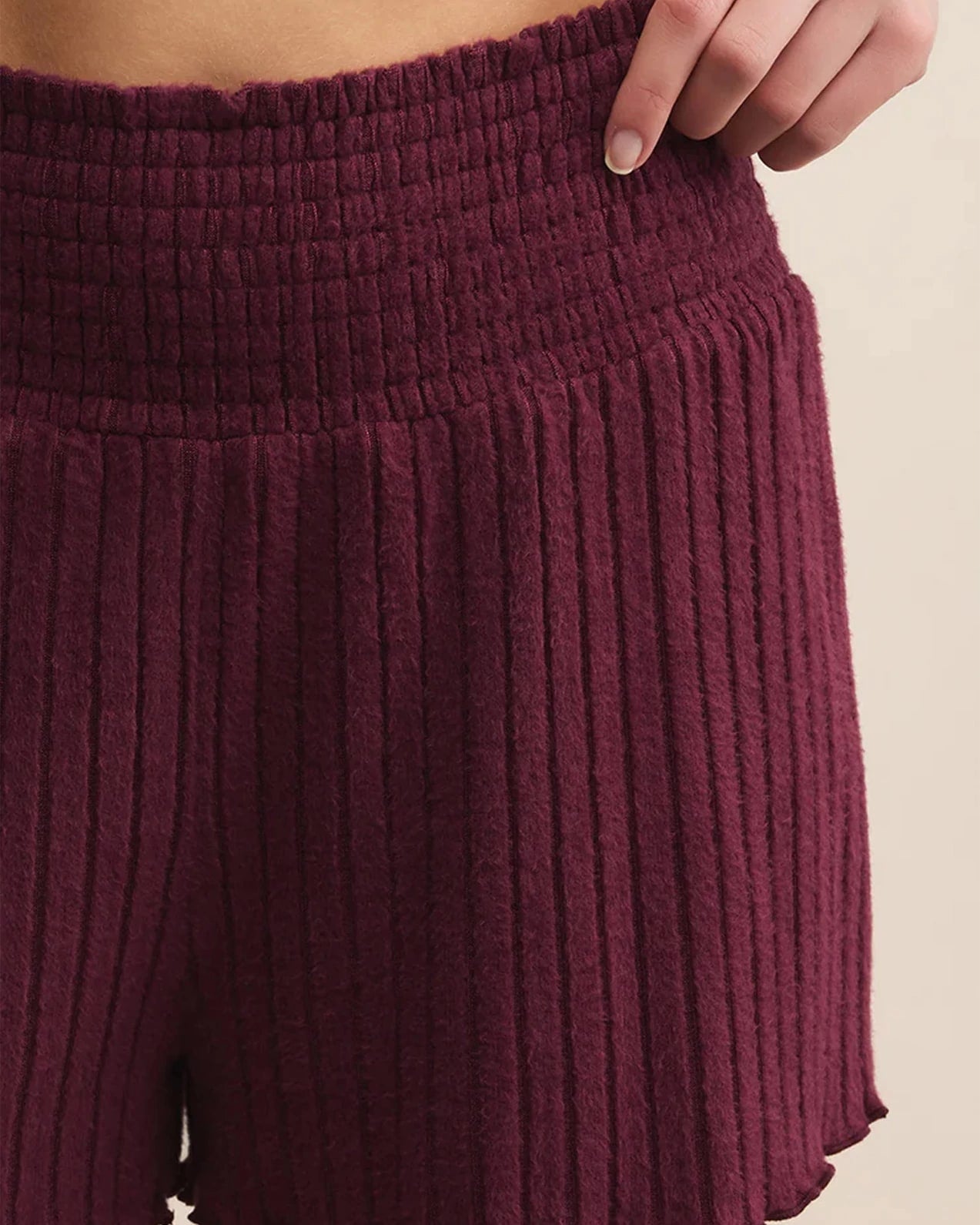 Merlot $|& Z Supply Dawn Smocked Ribbed Short - Hanger Back