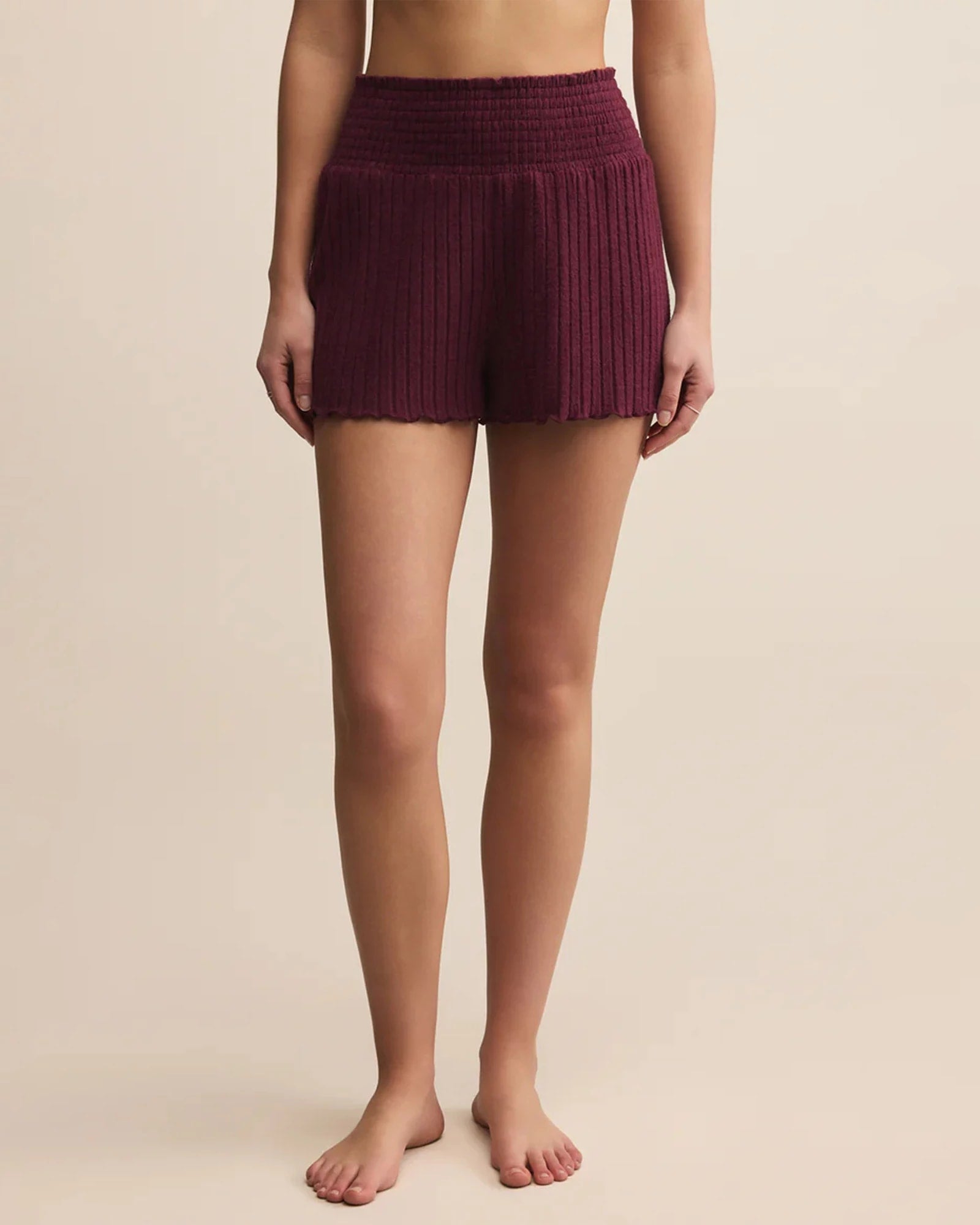 Merlot $|& Z Supply Dawn Smocked Ribbed Short - VOF Detail