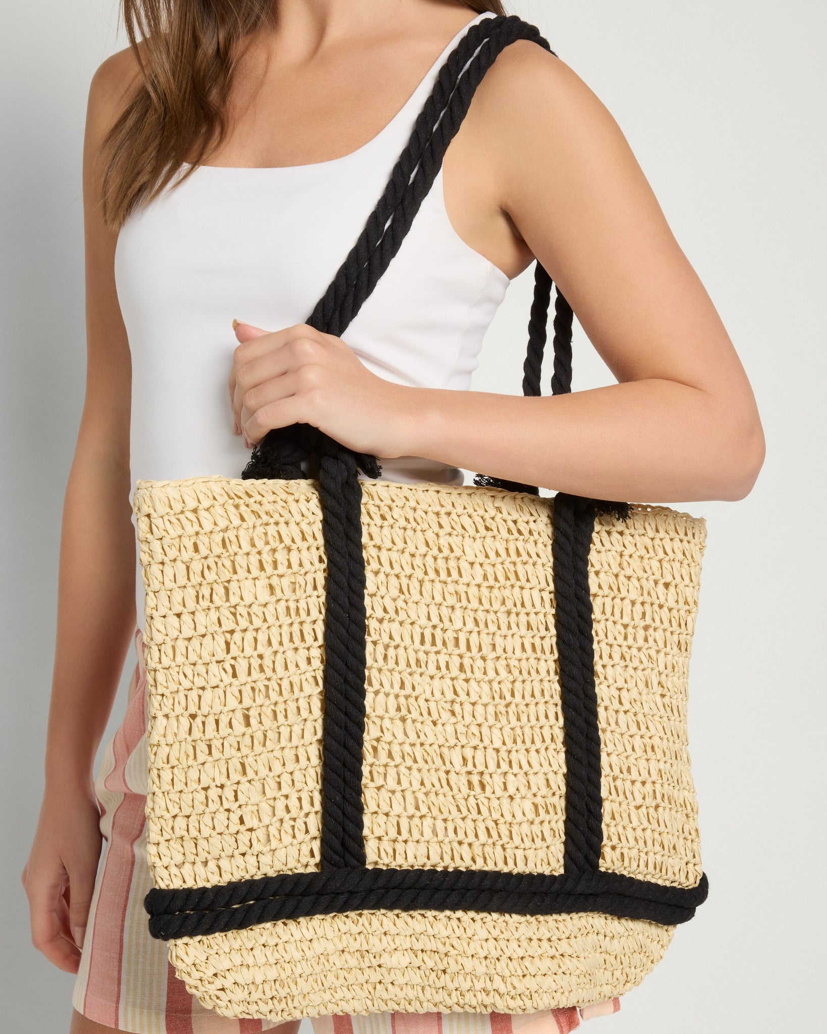 Black $|& Fame Accessories Twisted Rope Raffia Tote - SOF Full Front