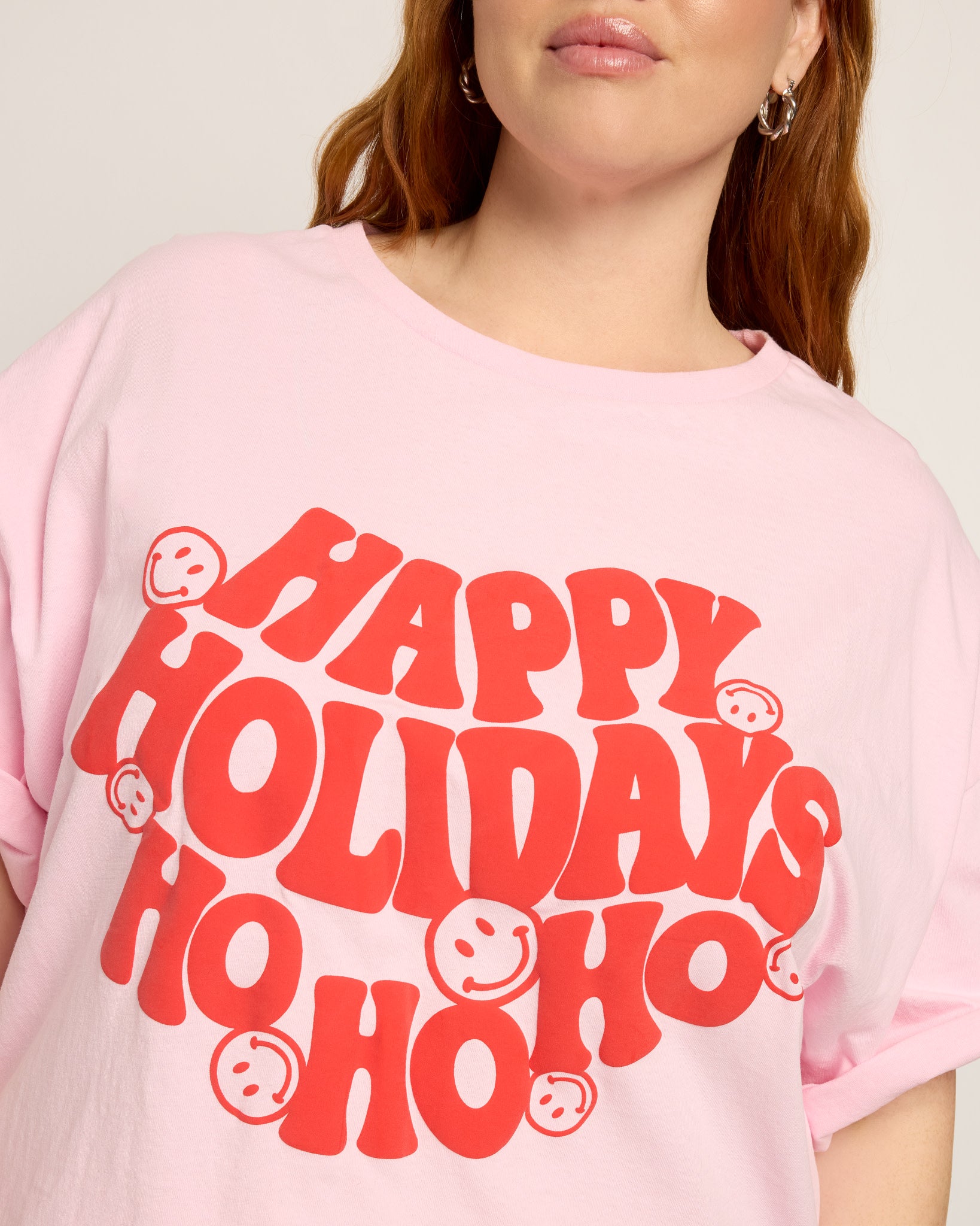 Pink $|& Baevely Happy Holidays Graphic Boyfriend Tee - SOF Full Front