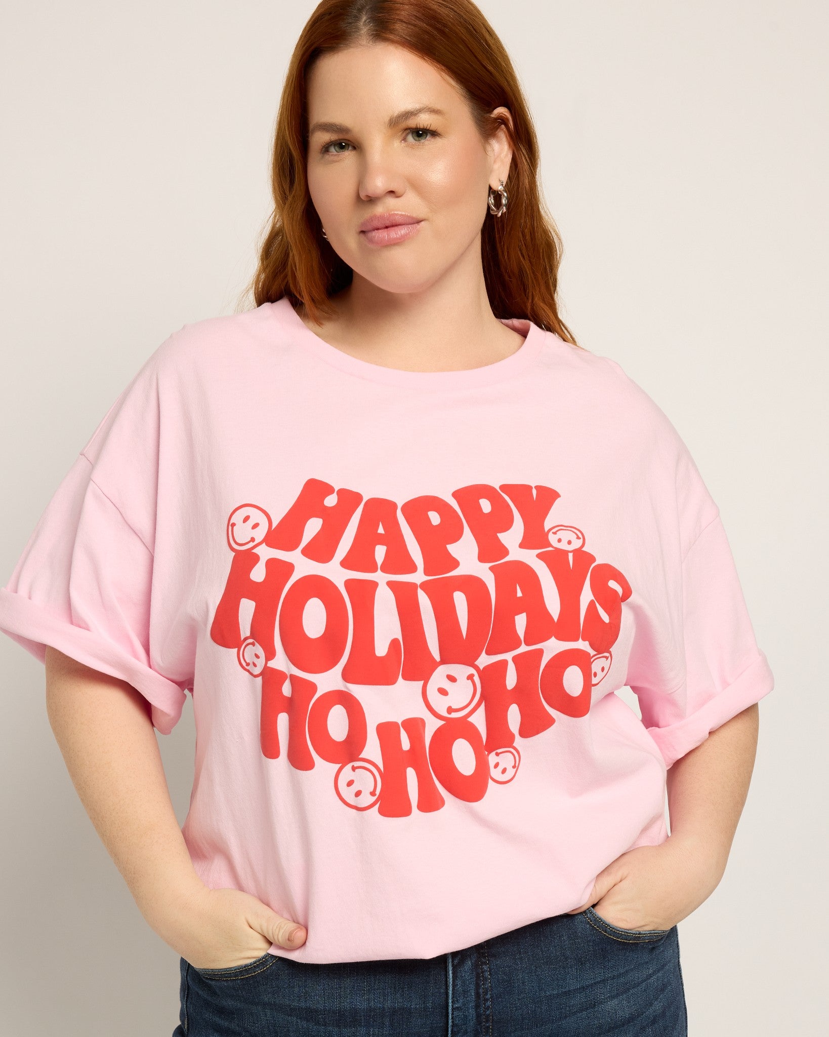 Pink $|& Baevely Happy Holidays Graphic Boyfriend Tee - SOF Front