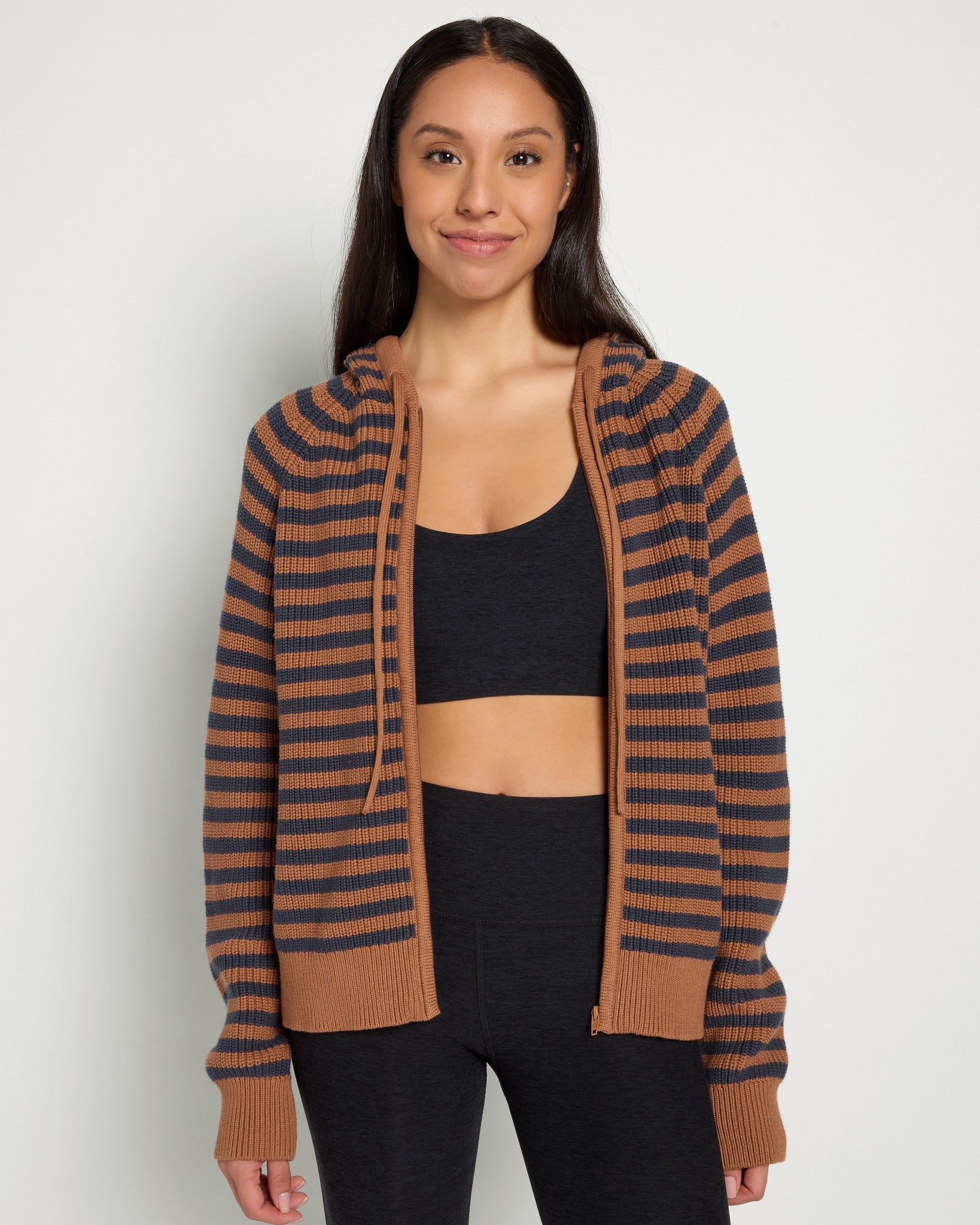 Caramel Stripe $|& Herizon Rosebud Zip Cardigan - SOF Front