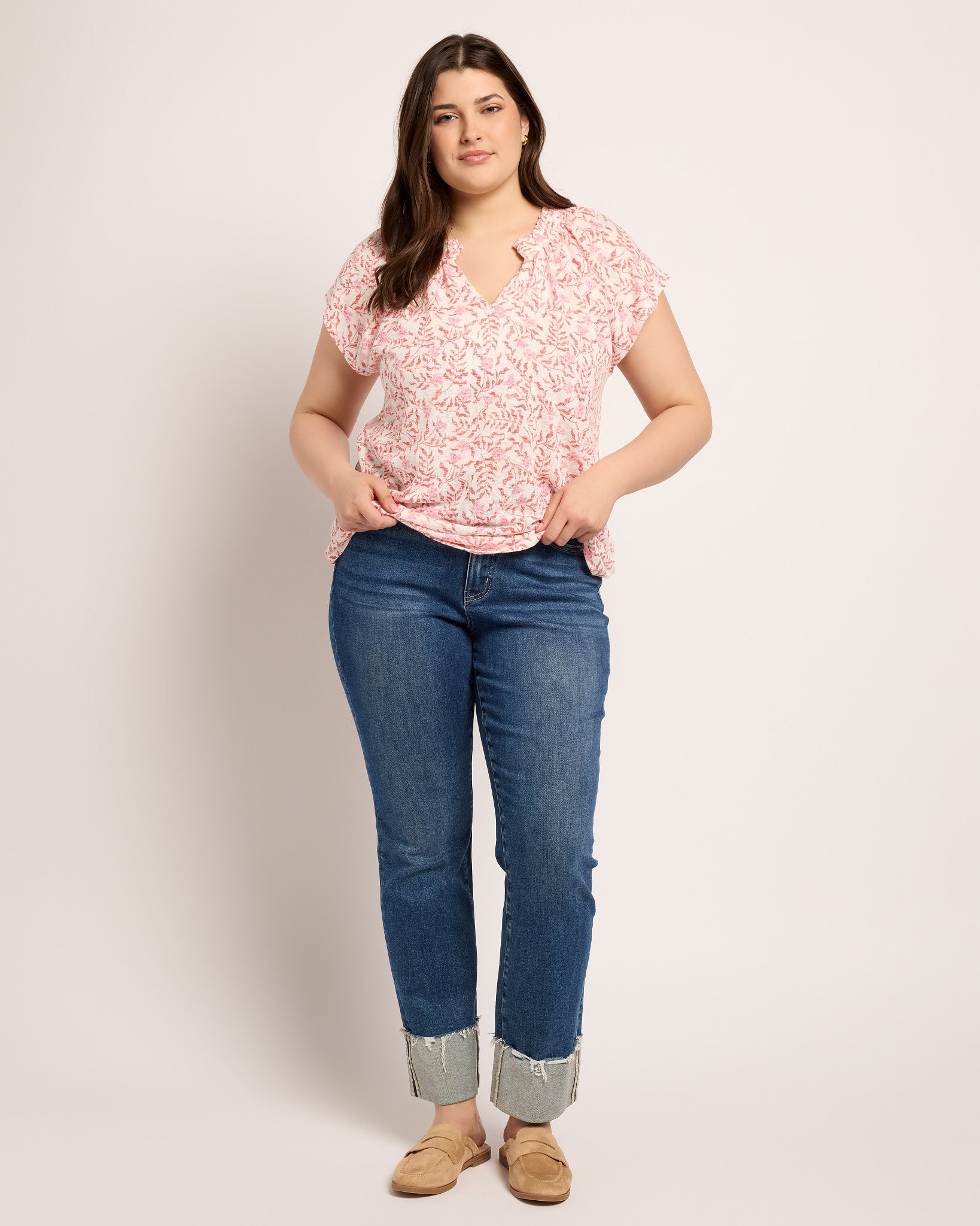 Rain Cayenne/Light Pink Floral $|& Bobeau Caty Ruffle Neck Top - UGC On Fig