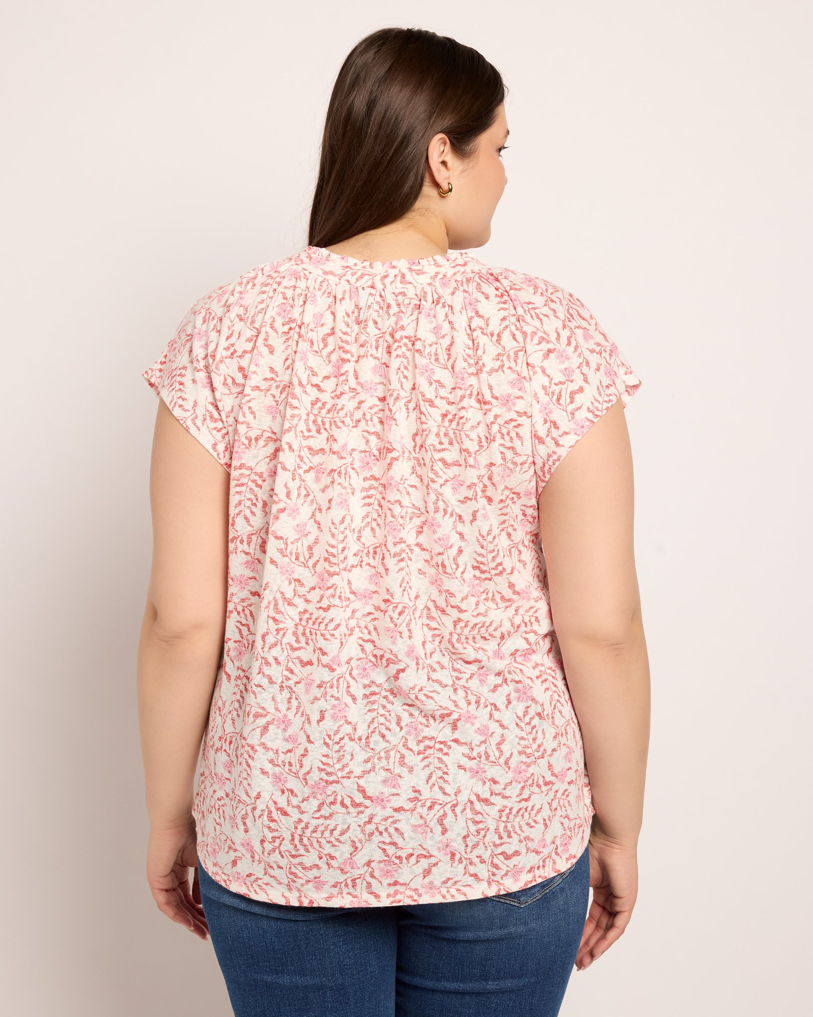 Rain Cayenne/Light Pink Floral $|& Bobeau Caty Ruffle Neck Top - SOF Back