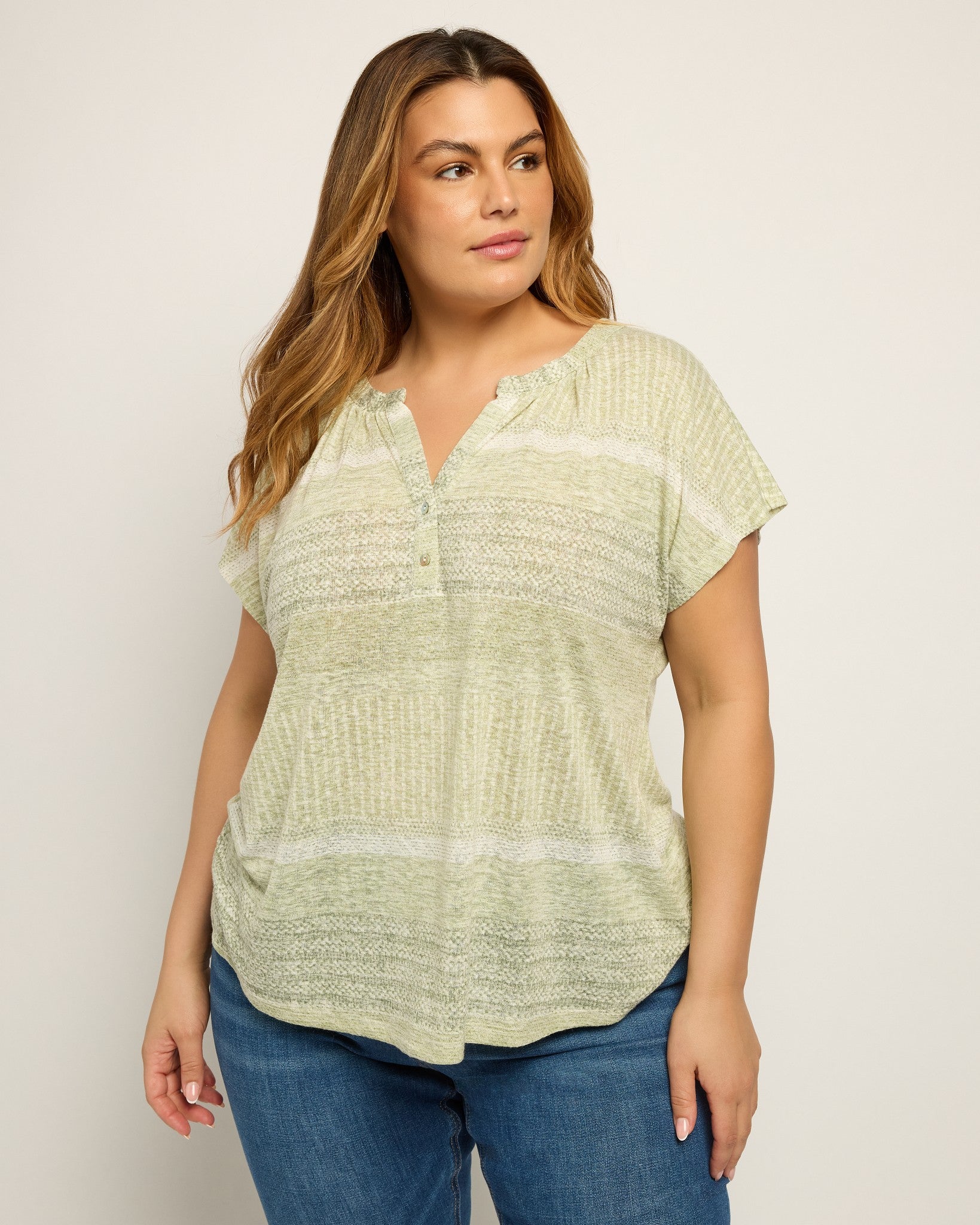 Light Olive Combo $|& Bobeau Striped Caty Button Up Top - SOF Front