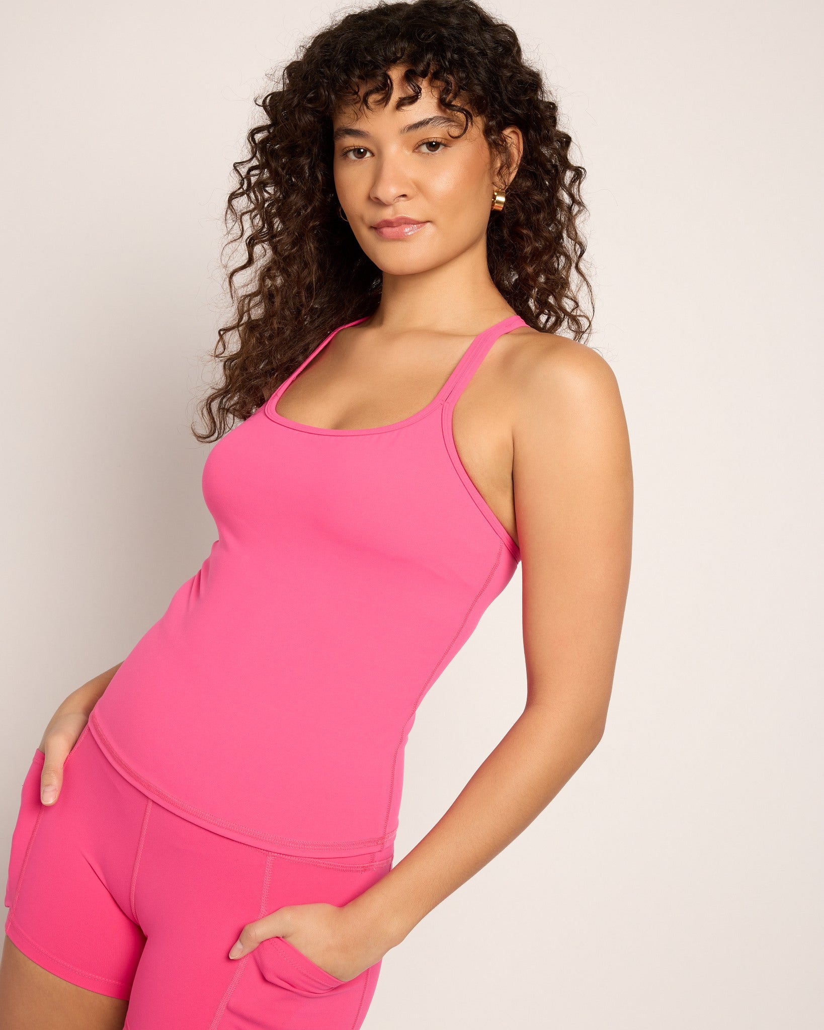 Fuchsia $|& Interval Cloudlight Nimble Long Crop Tank - SOF Front