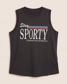 Faded Black $|& Interval Terrain Muscle Tank " Stay Sporty" - Hanger Detail