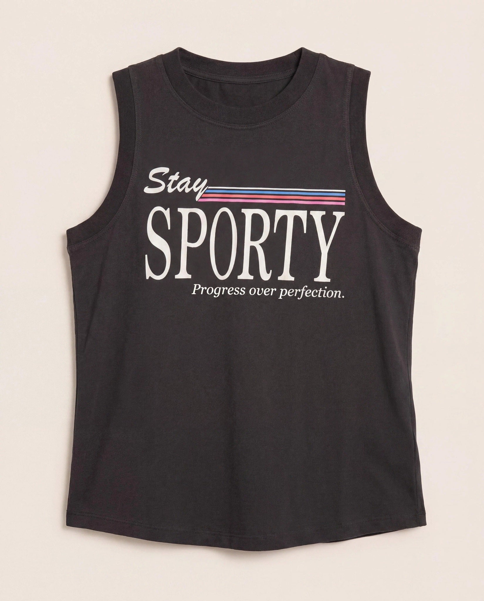 Faded Black $|& Interval Terrain Muscle Tank " Stay Sporty" - Hanger Detail