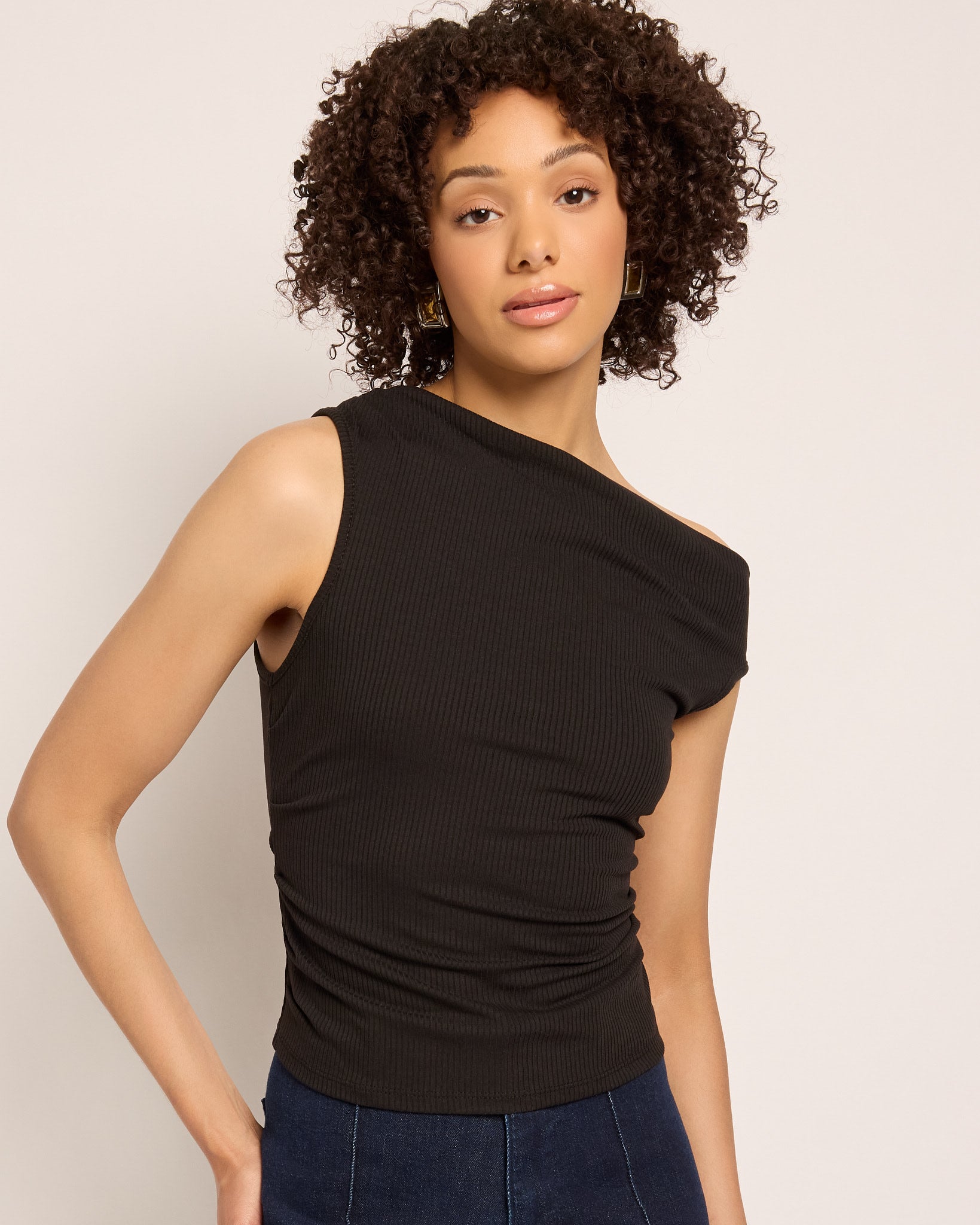Black $|& SEAS Eden Pleated One Shoulder Top - SOF Front