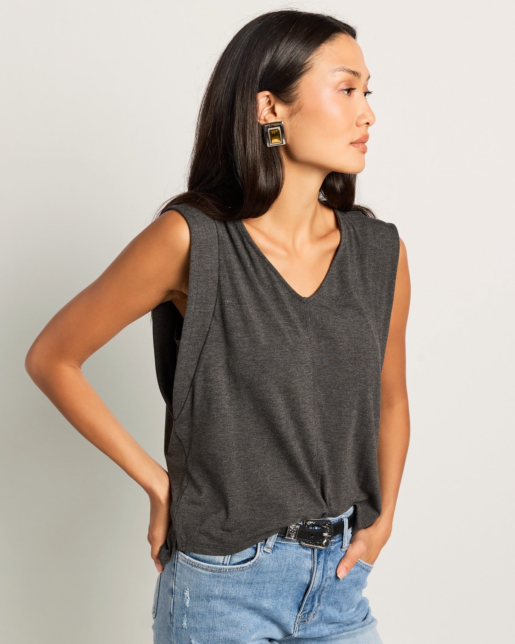 Charcoal Heather $|& SEAS Libre V-Neck Tank - SOF Front