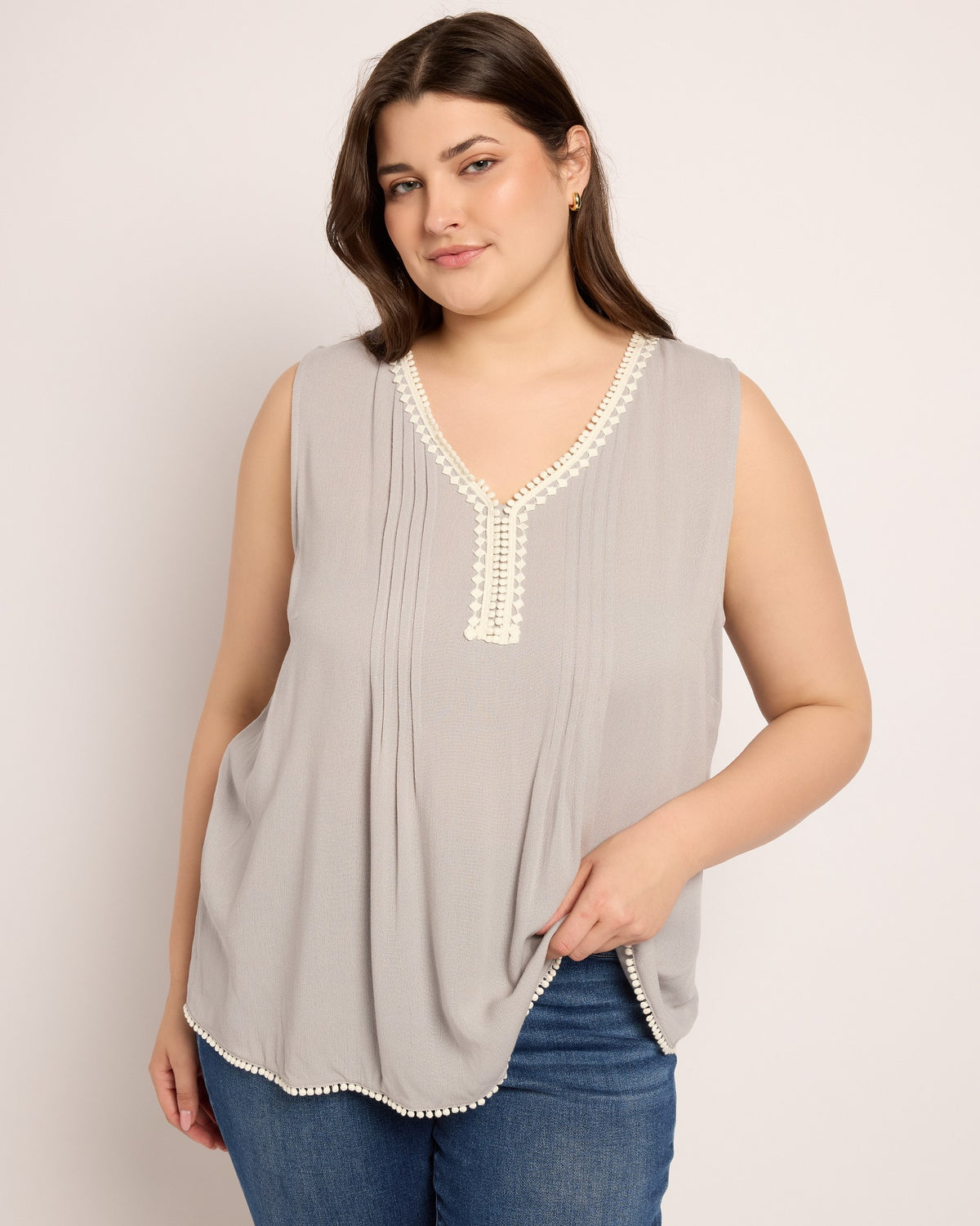 Dark Icy-Grey $|& Skies Are Blue Solid Trim Detail Blouse - SOF Front