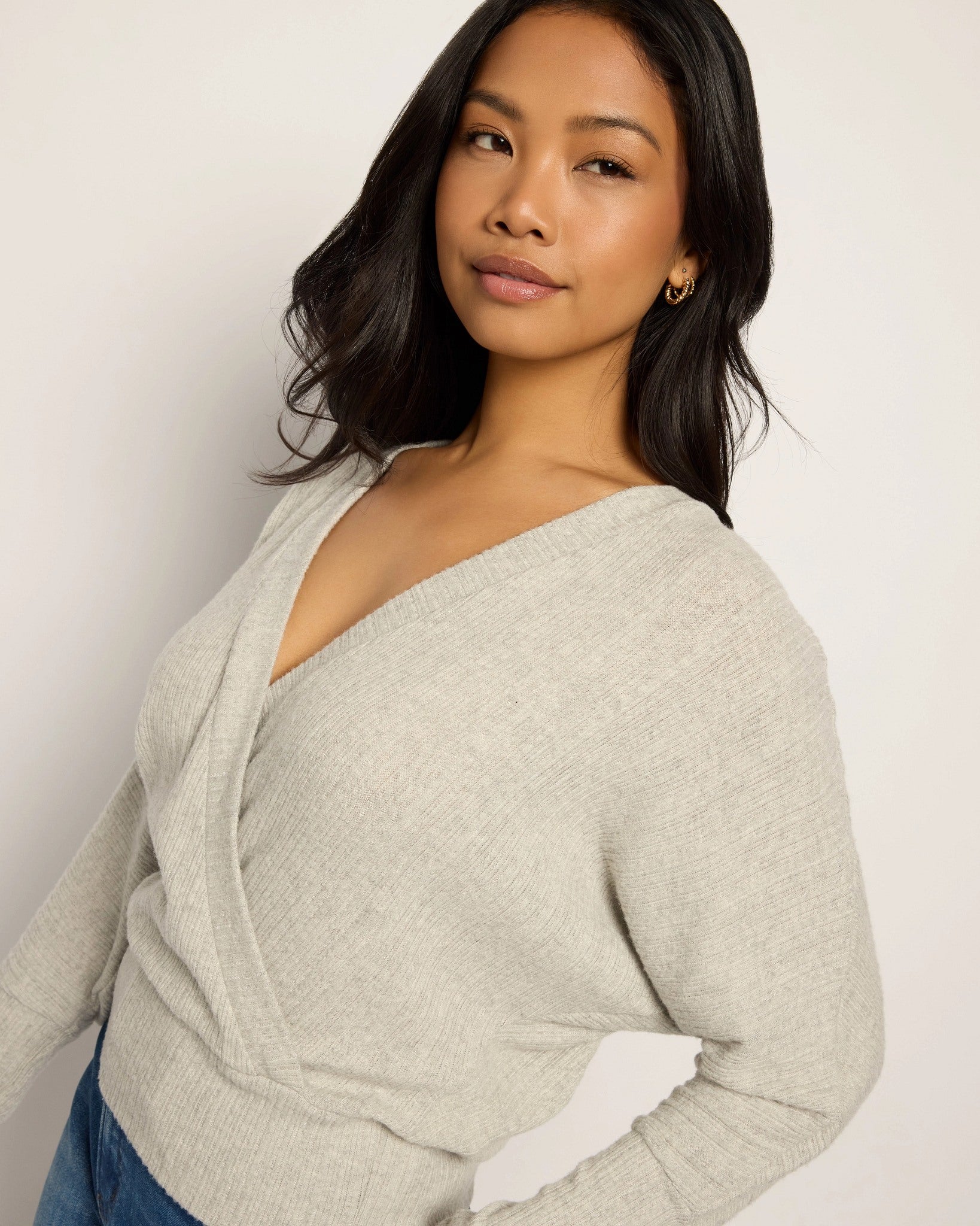 Heather Grey $|& Heimious Surplice Long Dolman Sleeve Ribbed Top - SOF Full Front