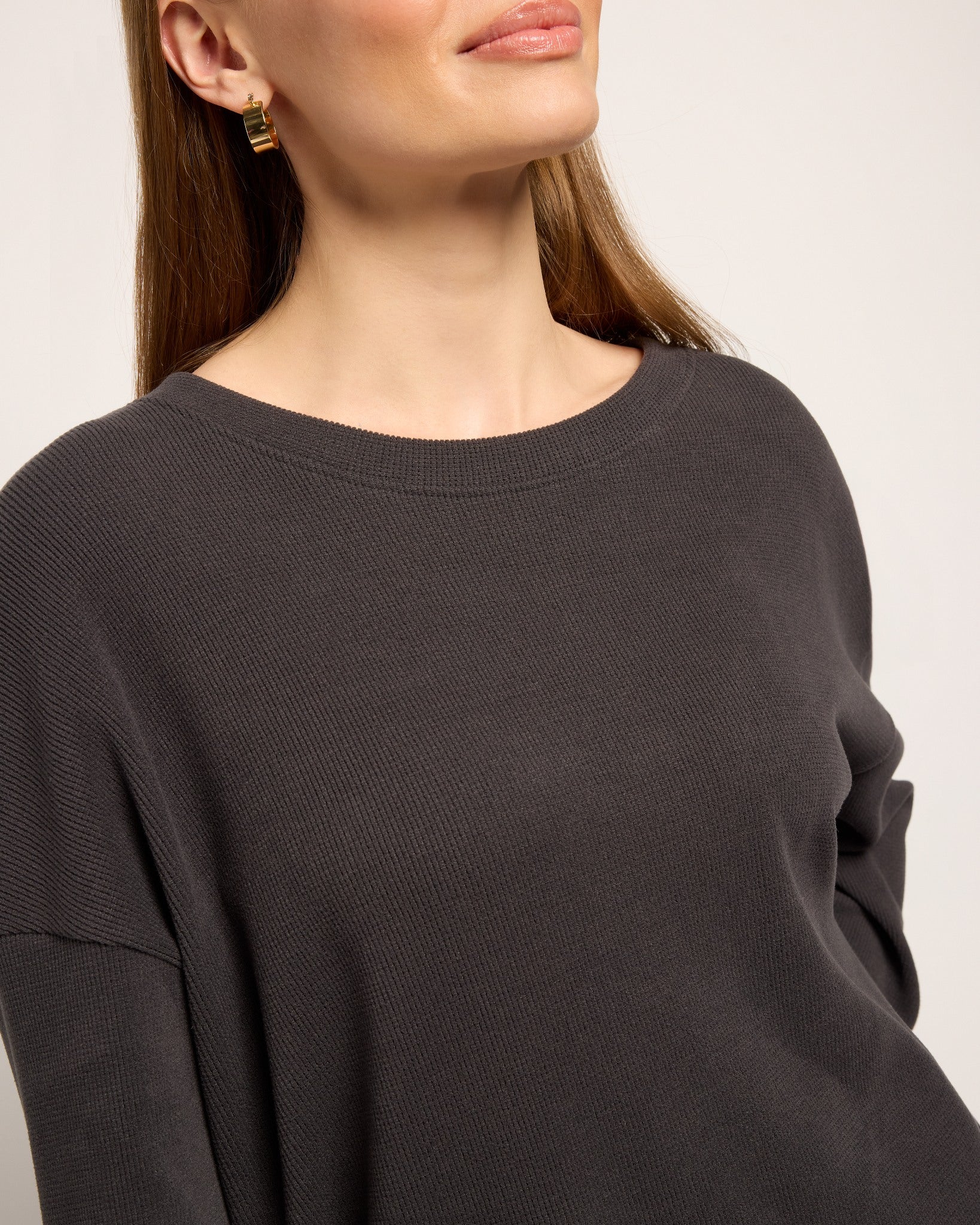 Black $|& Heimious Fleece Waffle Long Sleeve Loose Top - SOF Full Front