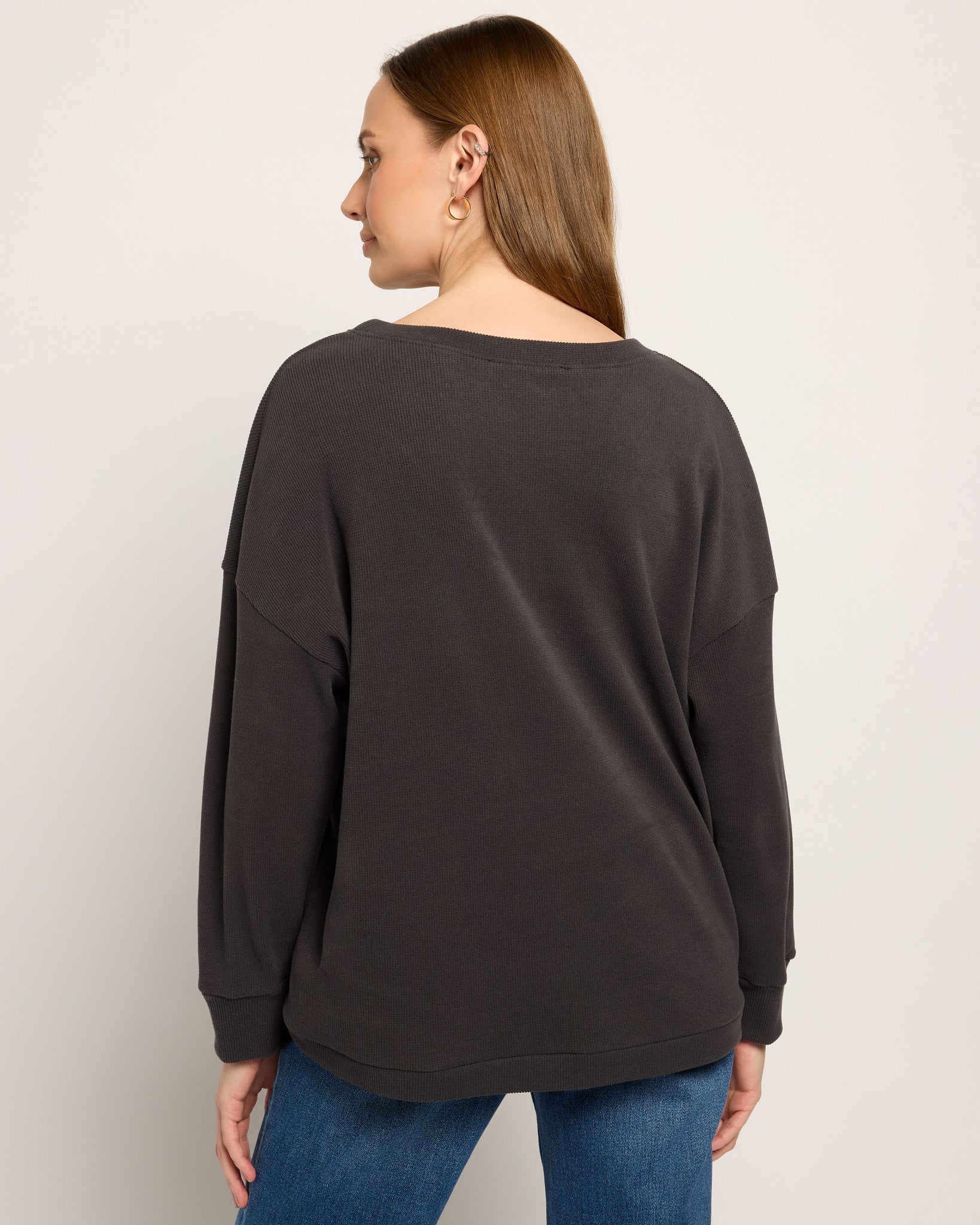 Black $|& Heimious Fleece Waffle Long Sleeve Loose Top - SOF Back