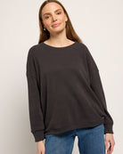 Black $|& Heimious Fleece Waffle Long Sleeve Loose Top - SOF Front