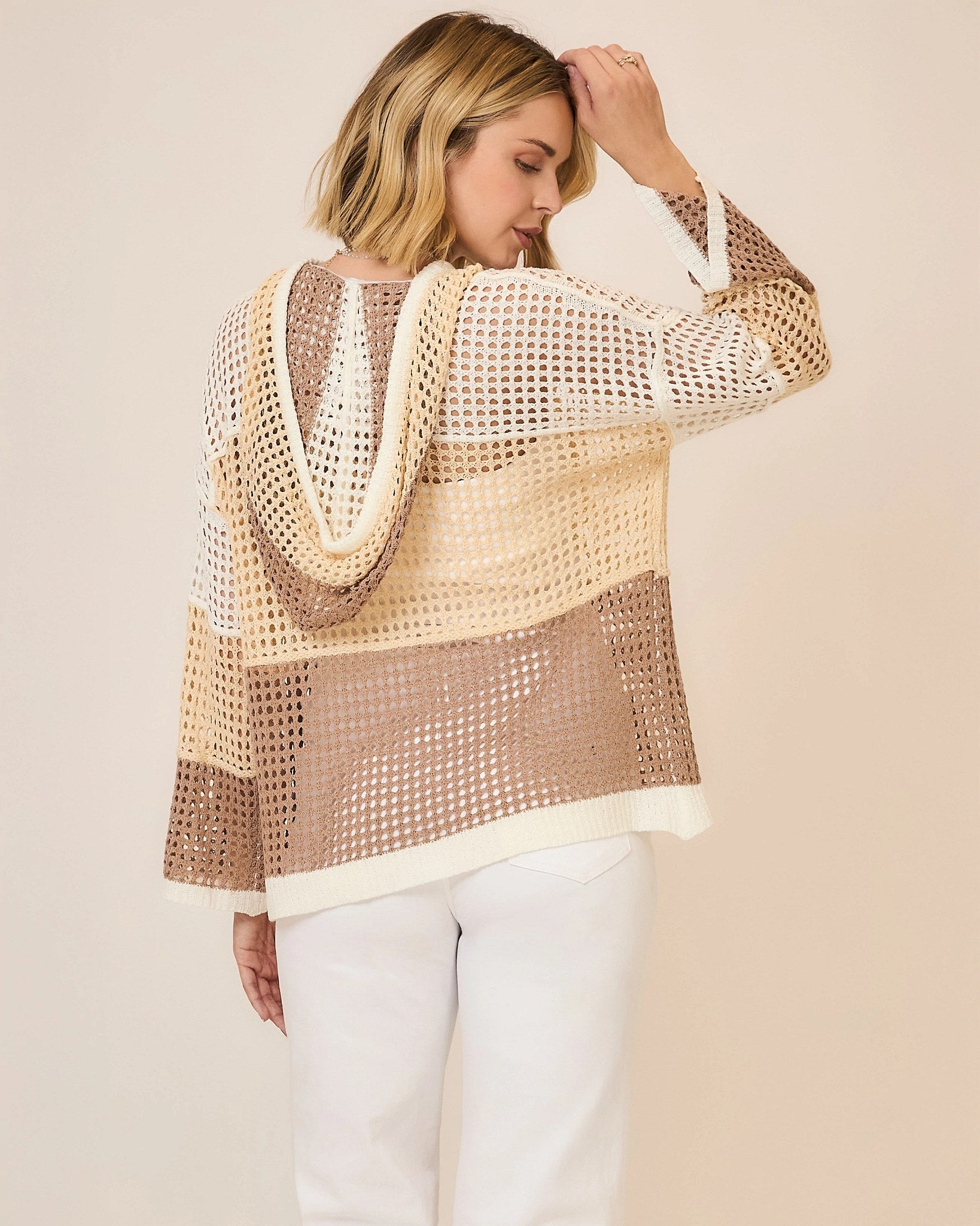 Natural $|& Cozy CO Open Knit Colorblock Hood Sweater - Hanger Side