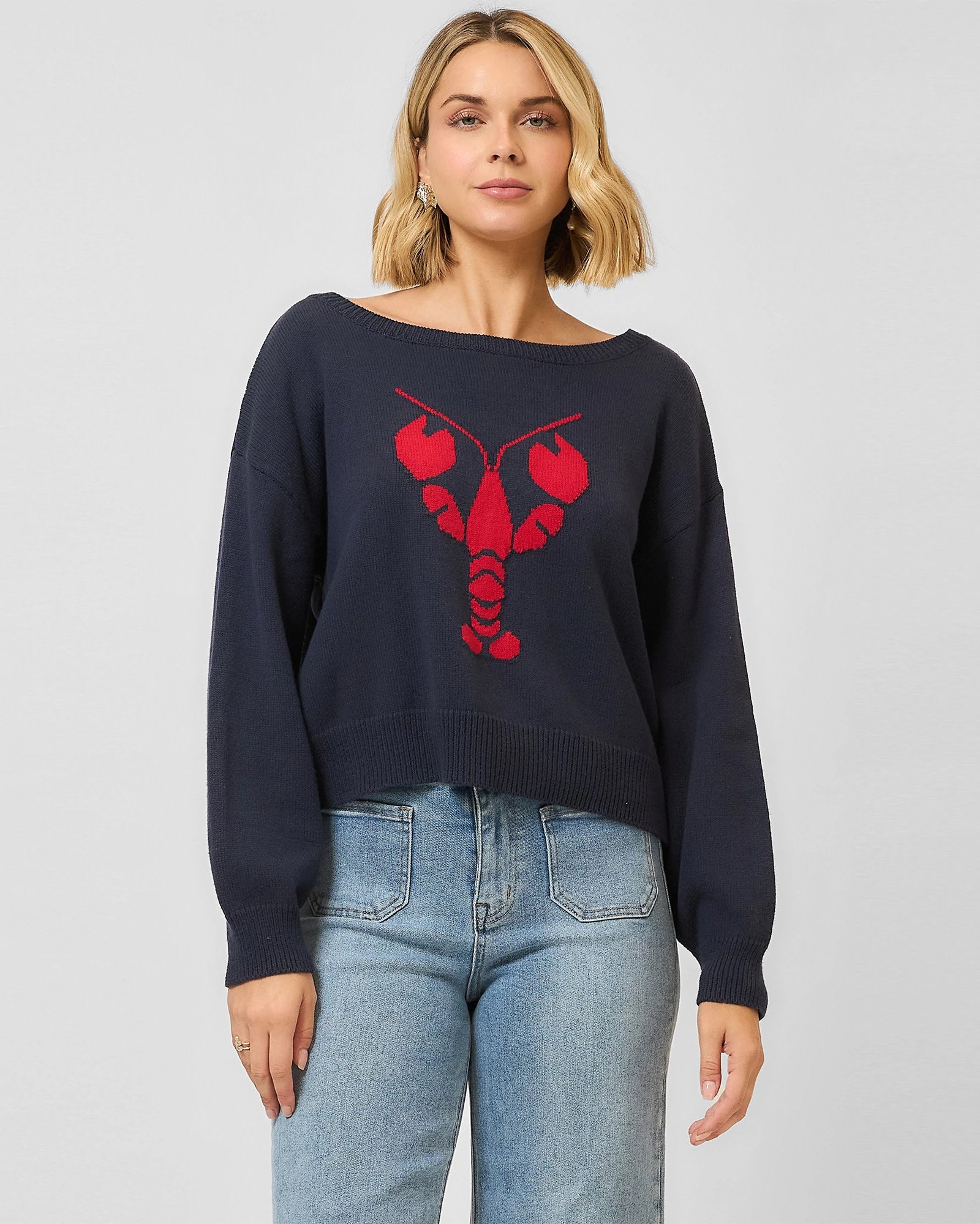 Navy $|& Cozy CO Boatneck Knit Lobster Sweater - VOF Detail
