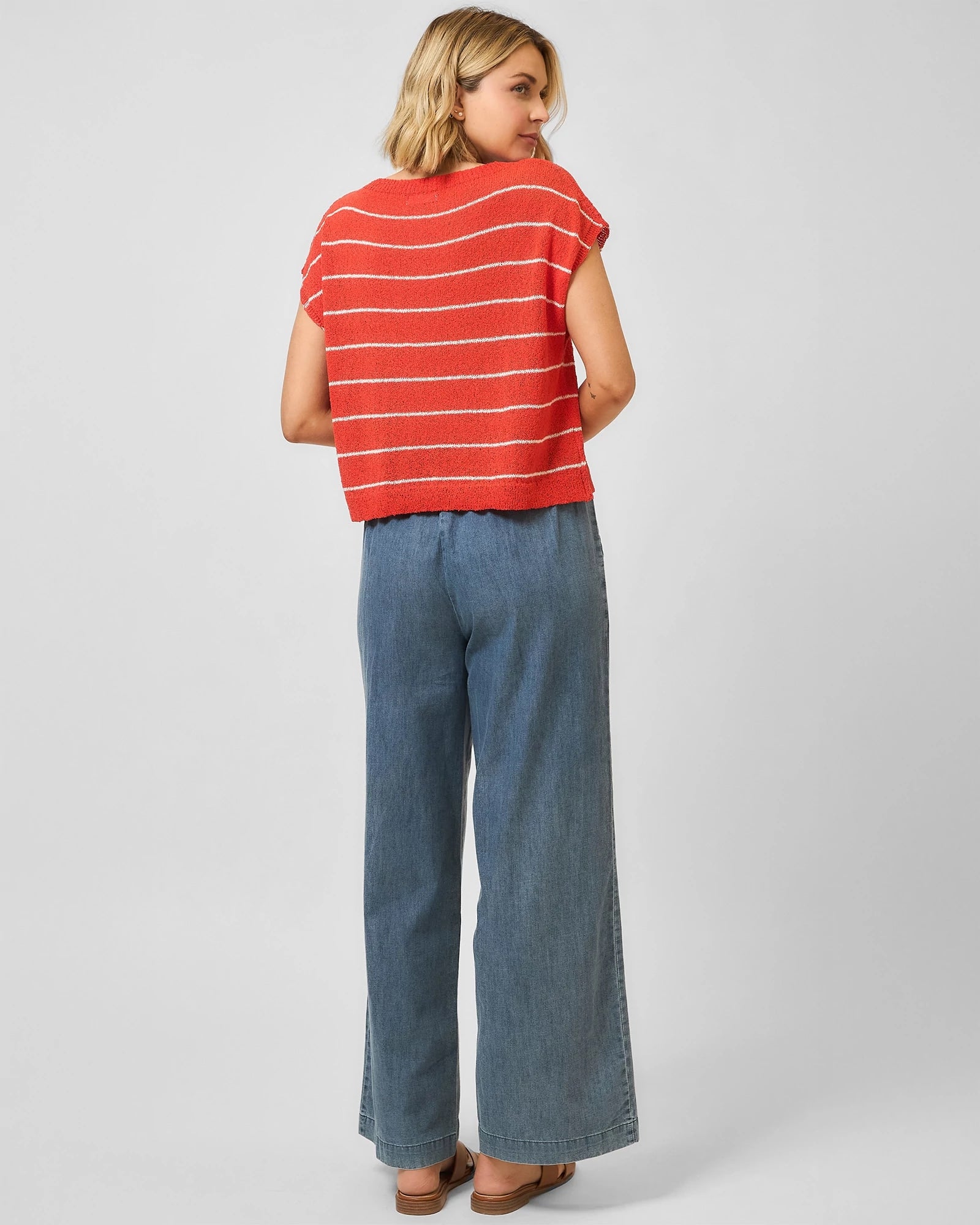 Red Orange $|& Cozy CO Striped  Short Sleeve Sweater Top - Hanger Side
