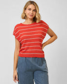Red Orange $|& Cozy CO Striped  Short Sleeve Sweater Top - VOF Detail
