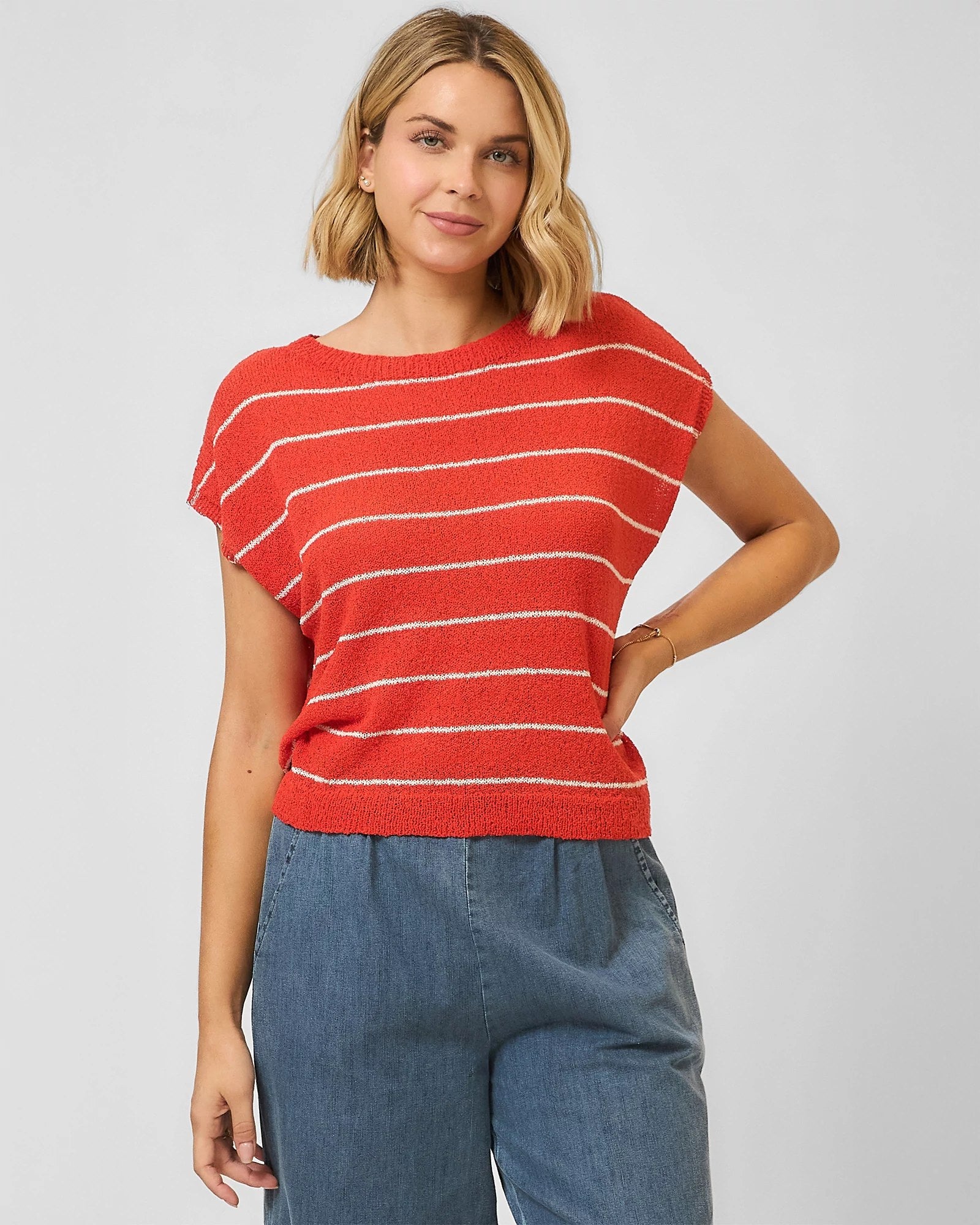 Red Orange $|& Cozy CO Striped  Short Sleeve Sweater Top - VOF Detail
