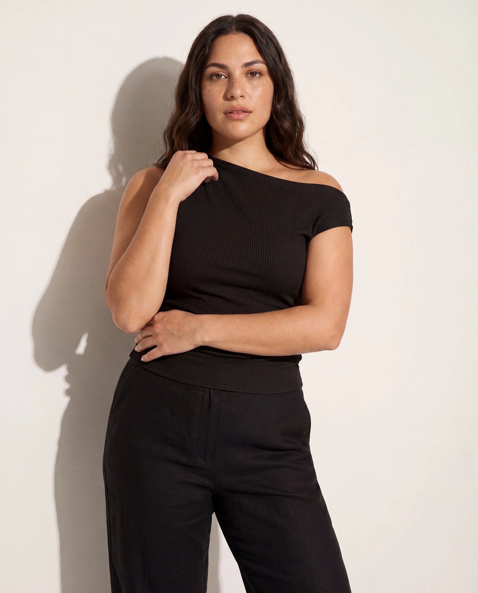 Black $|& SEAS Eden Pleated One Shoulder Top - SOF Front