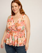 Blush Bouquet Mesh $|& Loveappella Sleeveless Floral Wrap Peplum Top - SOF Front