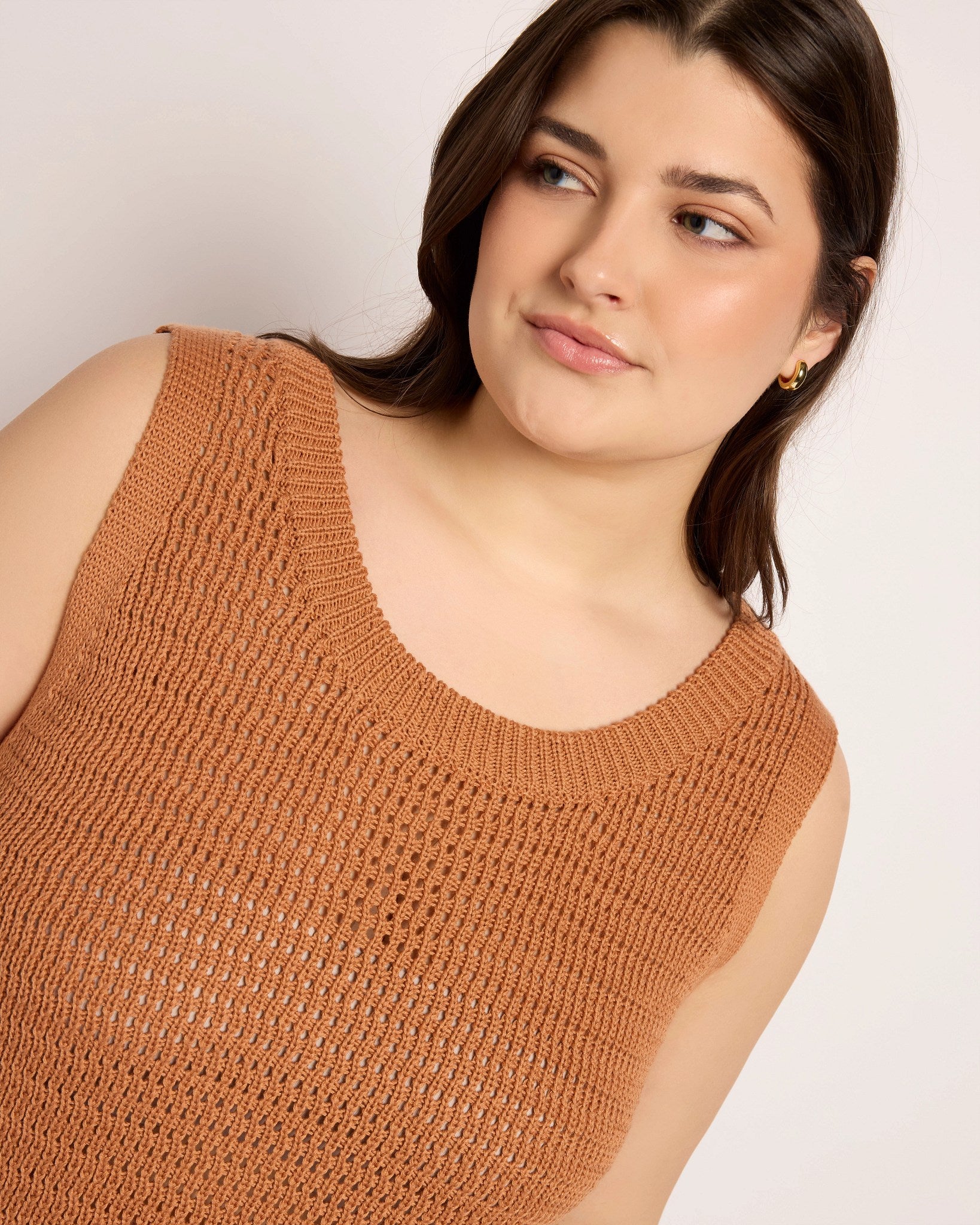 Caramel $|& Cozy CO Sleeveless Crochet Sweater - SOF Full Front