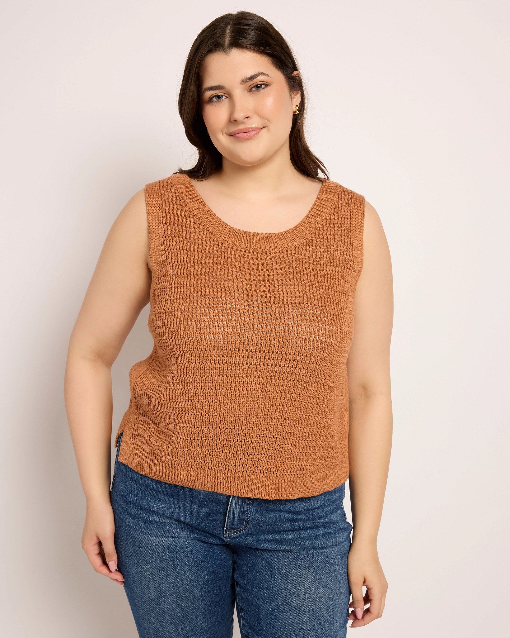 Caramel $|& Cozy CO Sleeveless Crochet Sweater - SOF Front