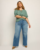 Green Dots $|& West Kei Printed Woven Smocked Sleeve Front Ruffle Top - UGC On Fig