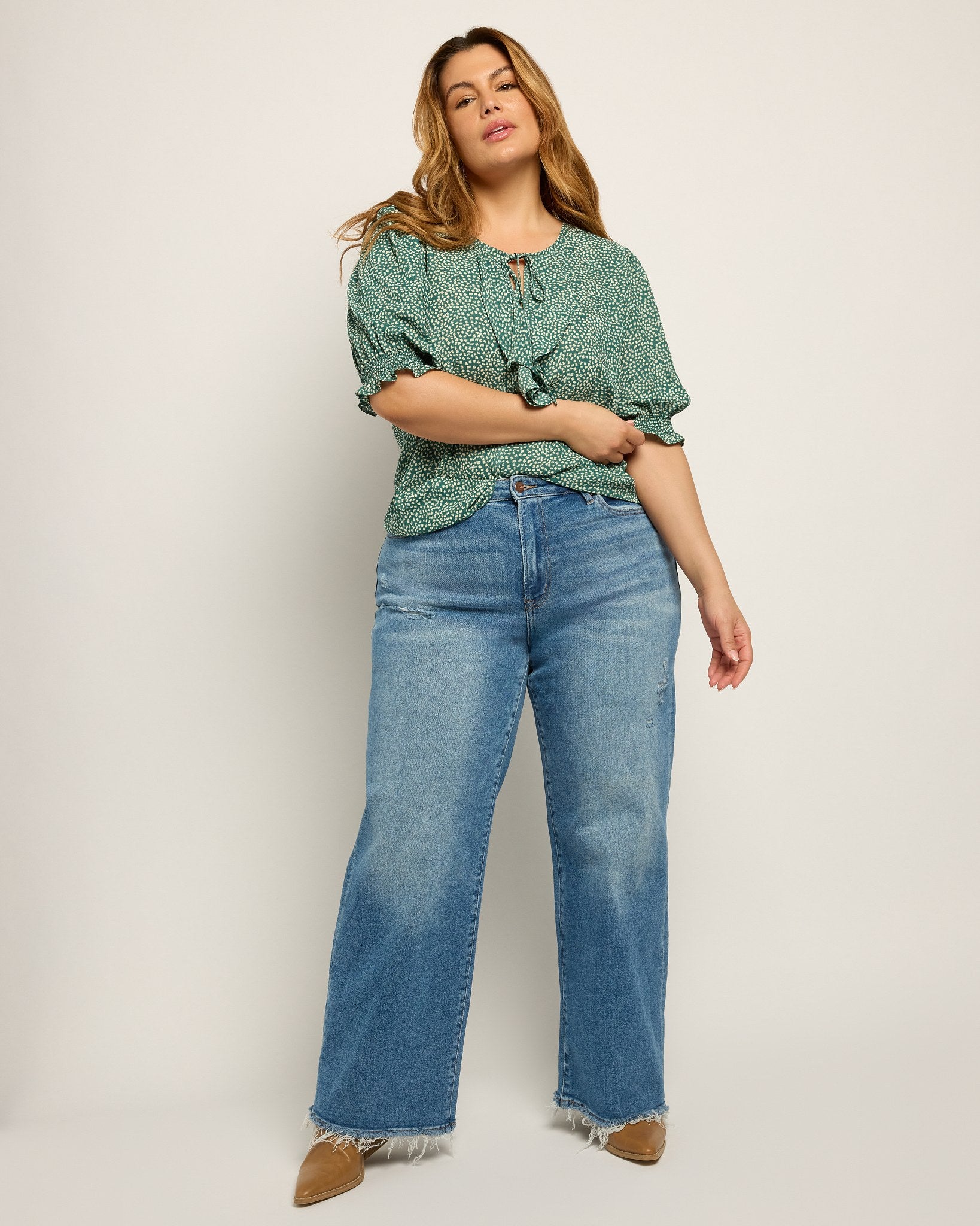 Green Dots $|& West Kei Printed Woven Smocked Sleeve Front Ruffle Top - UGC On Fig