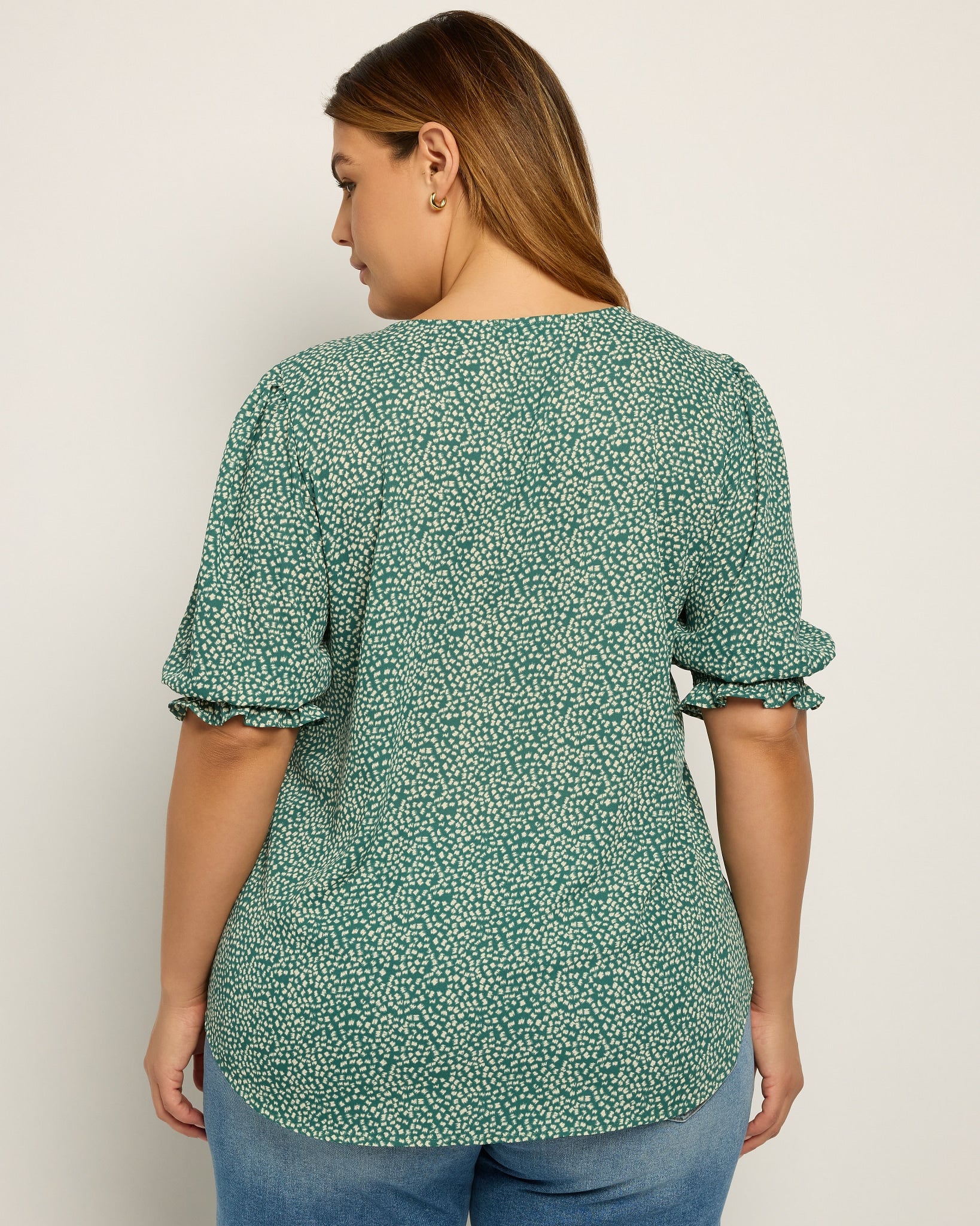 Green Dots $|& West Kei Printed Woven Smocked Sleeve Front Ruffle Top - SOF Back