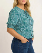 Green Dots $|& West Kei Printed Woven Smocked Sleeve Front Ruffle Top - Hanger Front