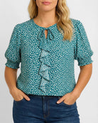 Green Dots $|& West Kei Printed Woven Smocked Sleeve Front Ruffle Top - VOF Detail