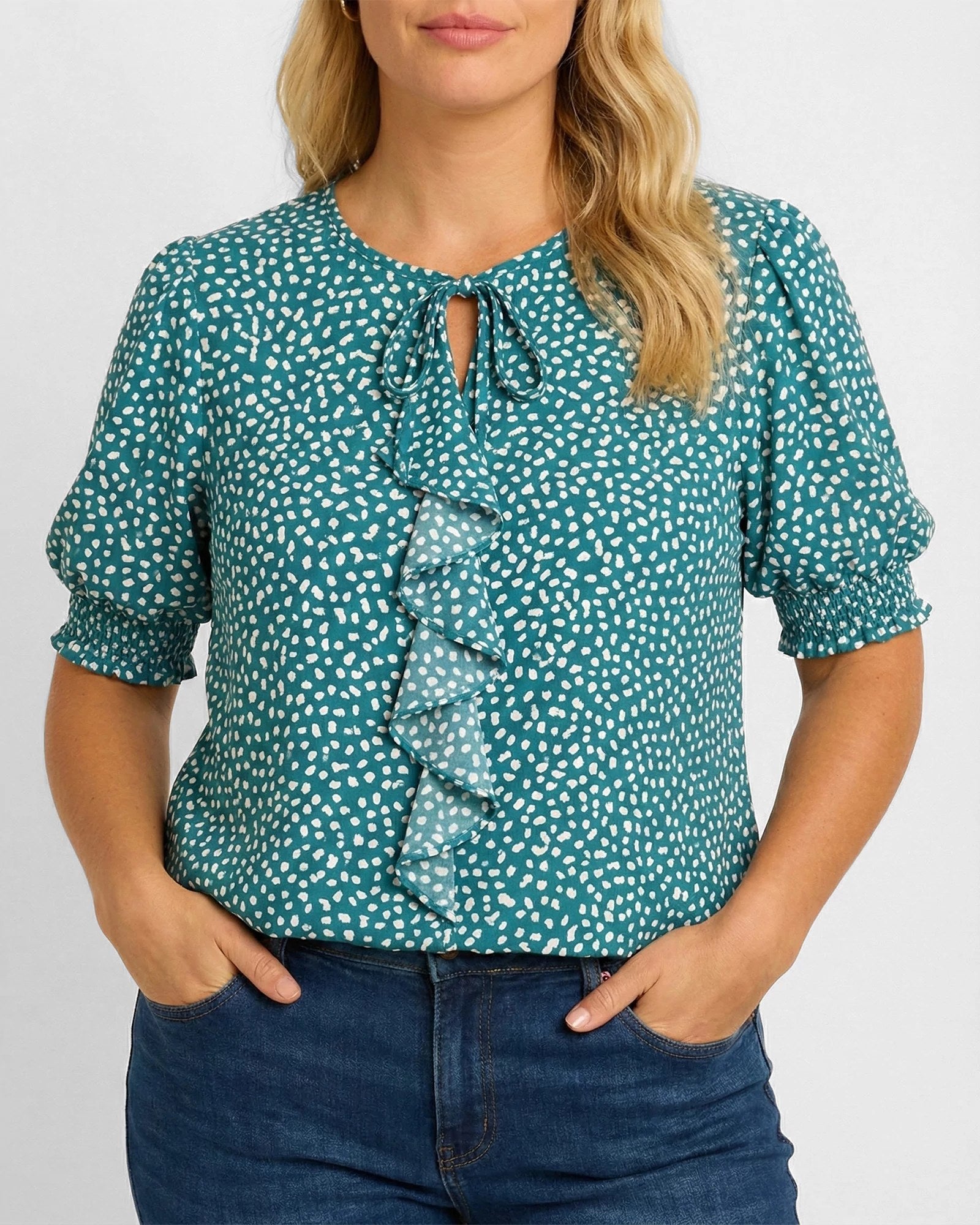 Green Dots $|& West Kei Printed Woven Smocked Sleeve Front Ruffle Top - VOF Detail