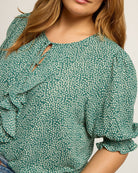 Green Dots $|& West Kei Printed Woven Smocked Sleeve Front Ruffle Top - SOF Full Front