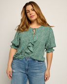 Green Dots $|& West Kei Printed Woven Smocked Sleeve Front Ruffle Top - SOF Front