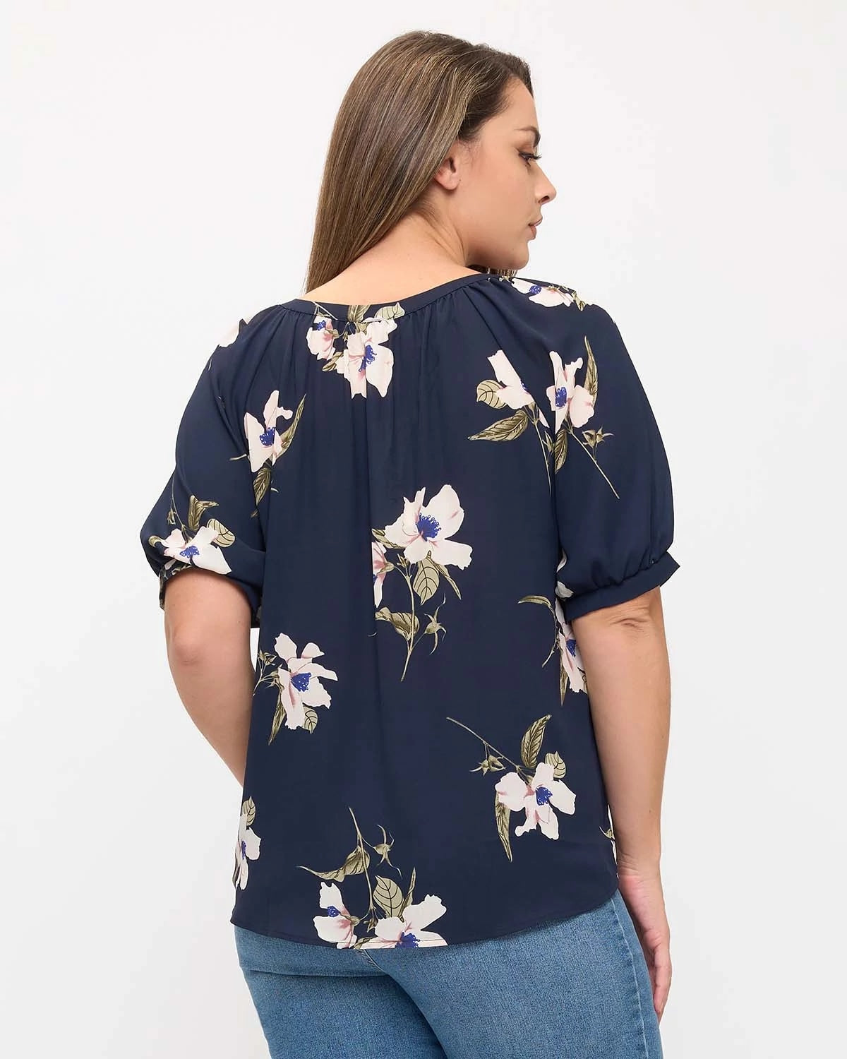 Navy Floral $|& West Kei Floral Woven Short Sleeve Button Front Top - Hanger Side