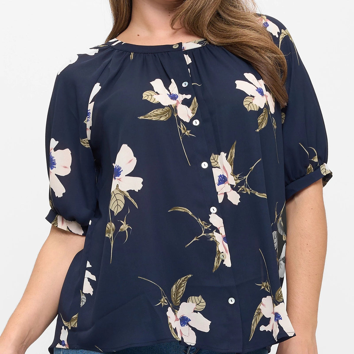 West Kei Plus Size Floral Button-Front Top - Polished & Playful – Wantable