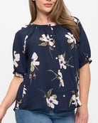 Navy Floral $|& West Kei Floral Woven Short Sleeve Button Front Top - VOF Detail
