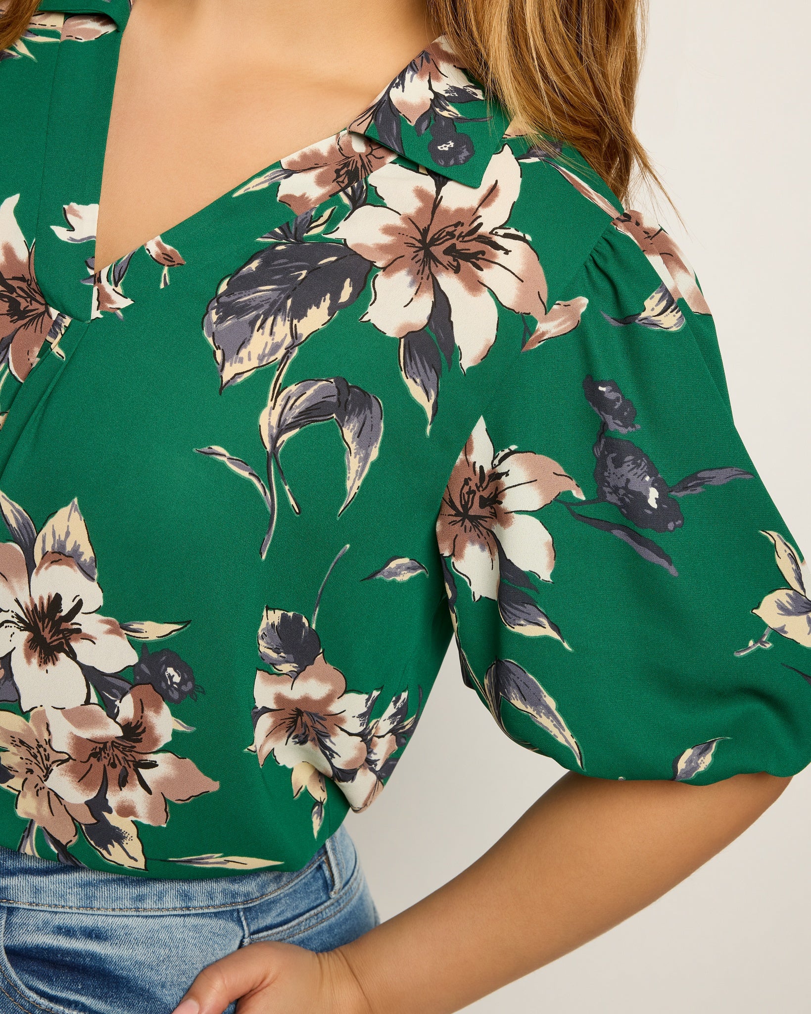 Green Floral $|& West Kei Floral Woven Puff Sleeve Collared Top - SOF Full Front