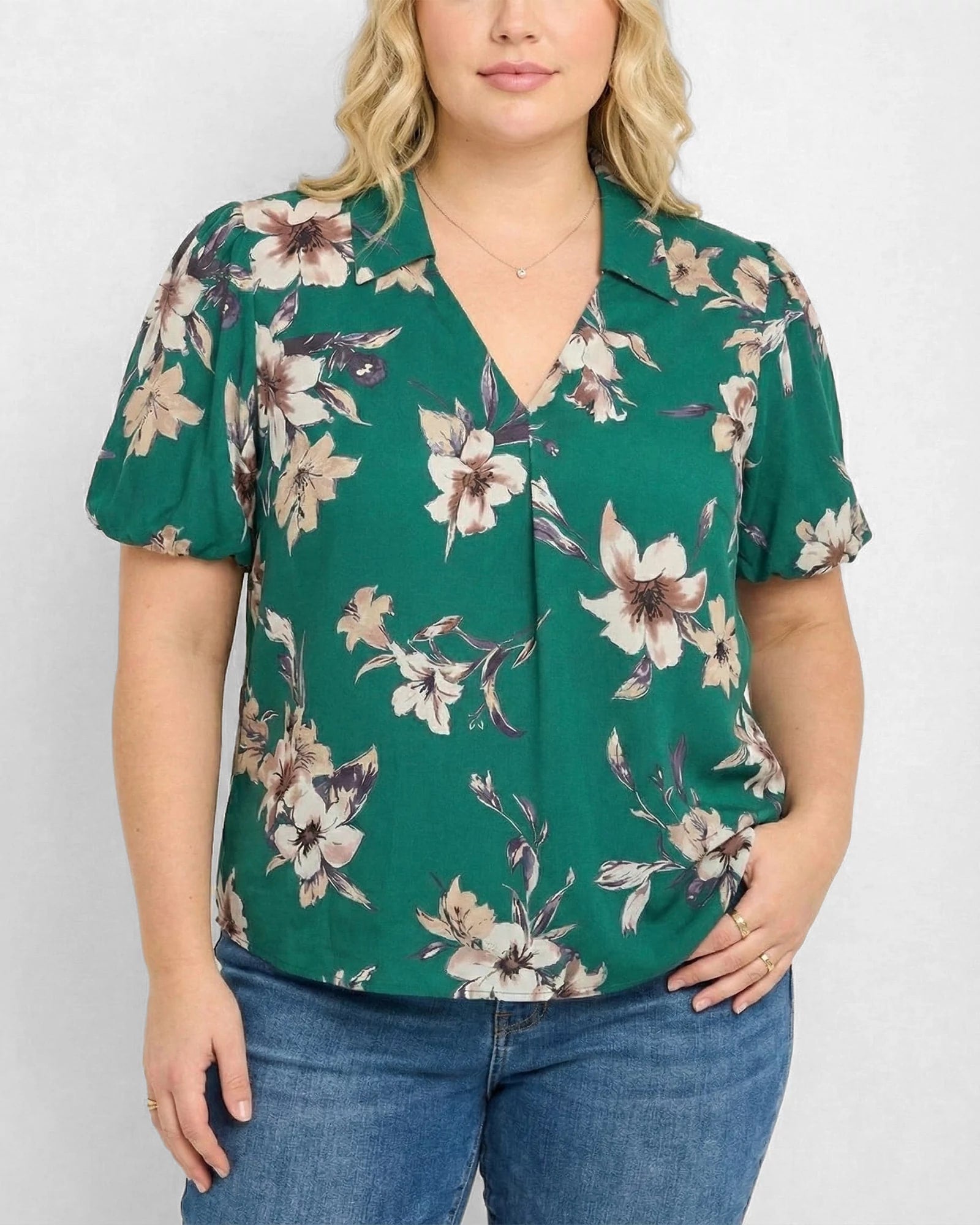 Green Floral $|& West Kei Floral Woven Puff Sleeve Collared Top - VOF Detail