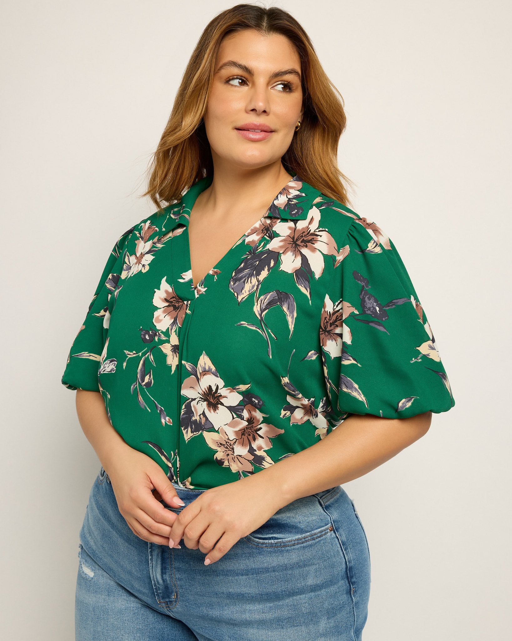Green Floral $|& West Kei Floral Woven Puff Sleeve Collared Top - SOF Front