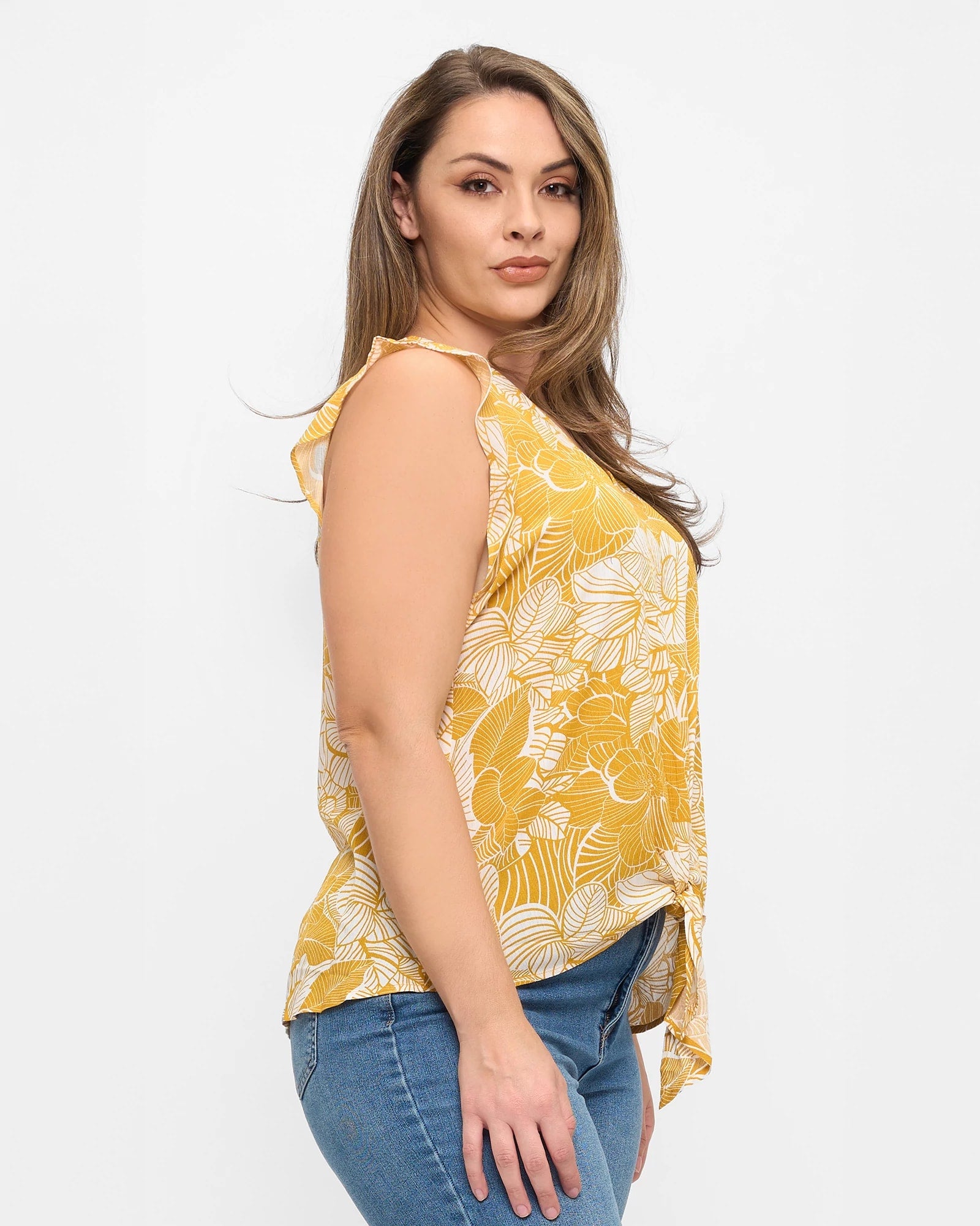 Yellow Floral $|& West Kei Sleeveless Floral Woven Tie Front Top - Hanger Front