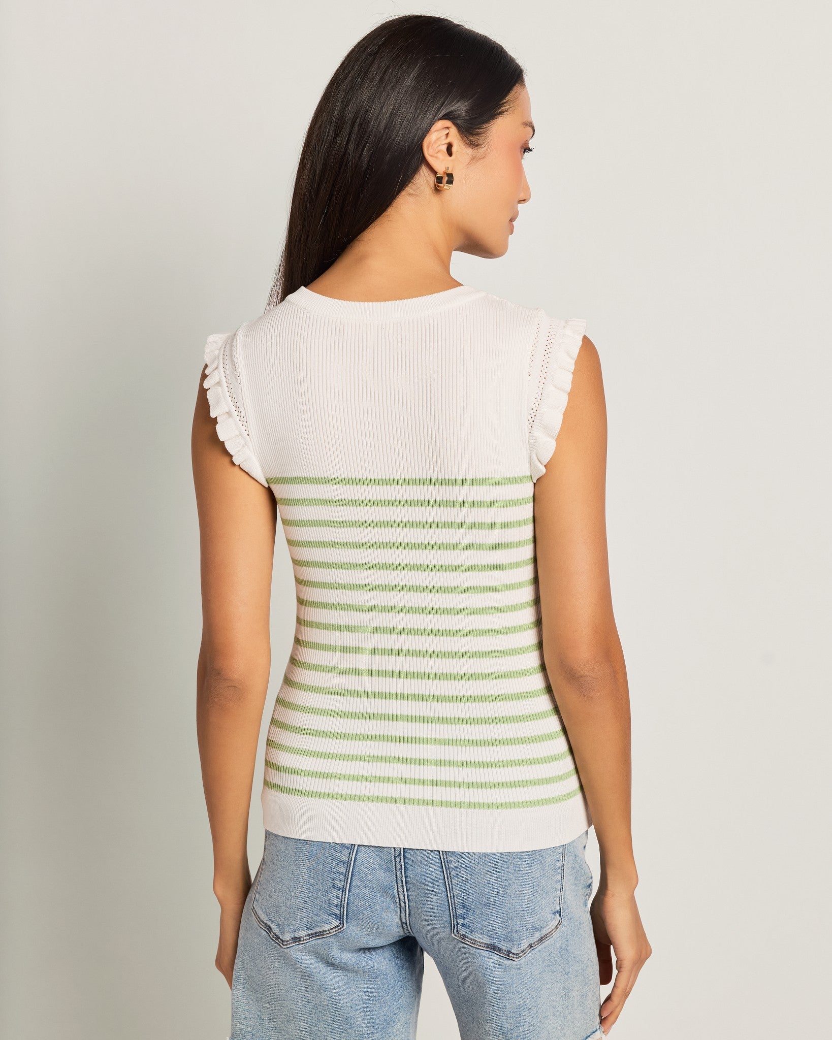 Ivory Sage $|& Skies Are Blue Ruffle Sleeve Ribbed Striped Top - SOF Back