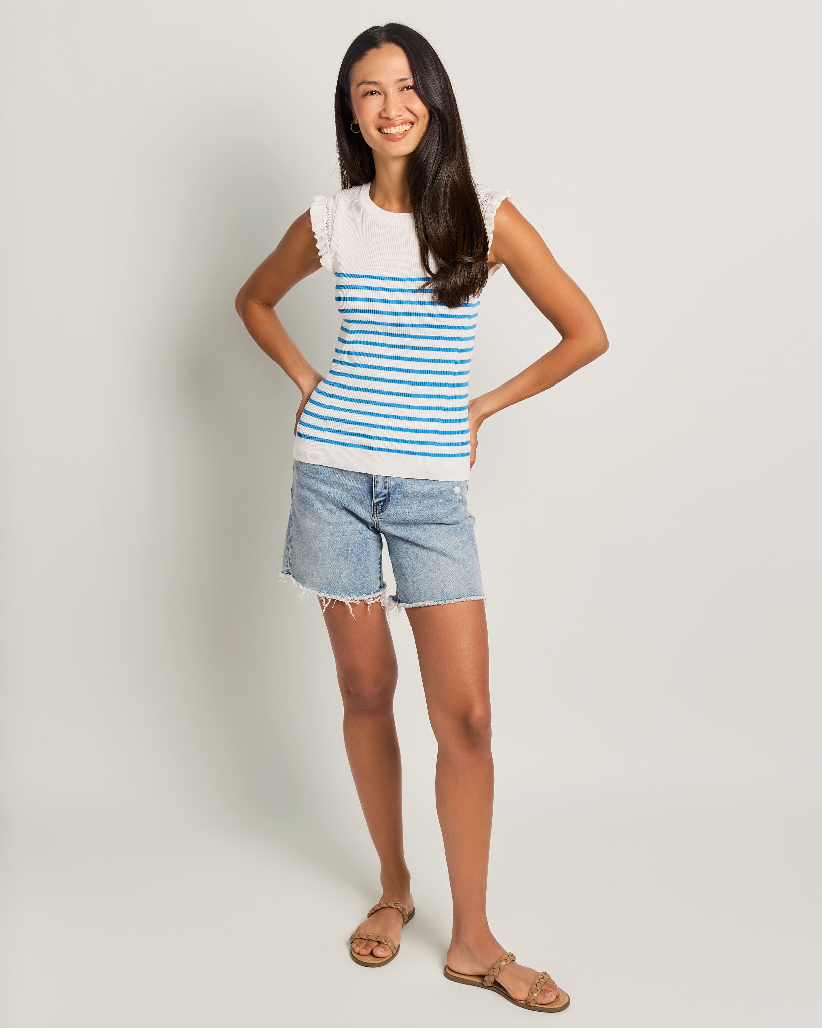 Ivory Blue $|& Skies Are Blue Ruffle Sleeve Ribbed Striped Top - UGC On Fig