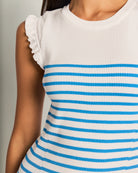 Ivory Blue $|& Skies Are Blue Ruffle Sleeve Ribbed Striped Top - SOF Full Front
